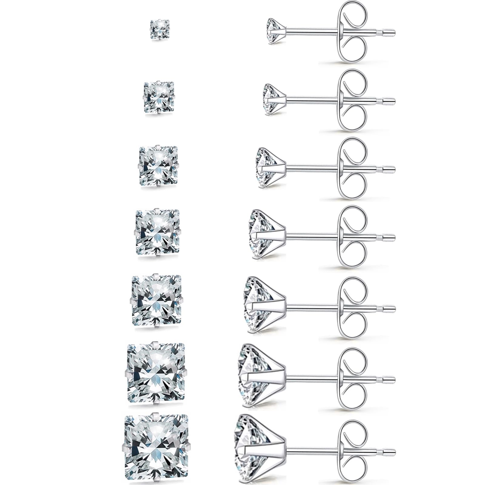 Silver Gold Black Stud Earrings Set 7Pairs Hypoallergenic Cubic Zirconia Titanium Stainless Steel Silver Rose Gold Black CZ Cartilage Stud Earrings Jewelry Sets for Women Men, 2-8mm CZ Stud Earrings