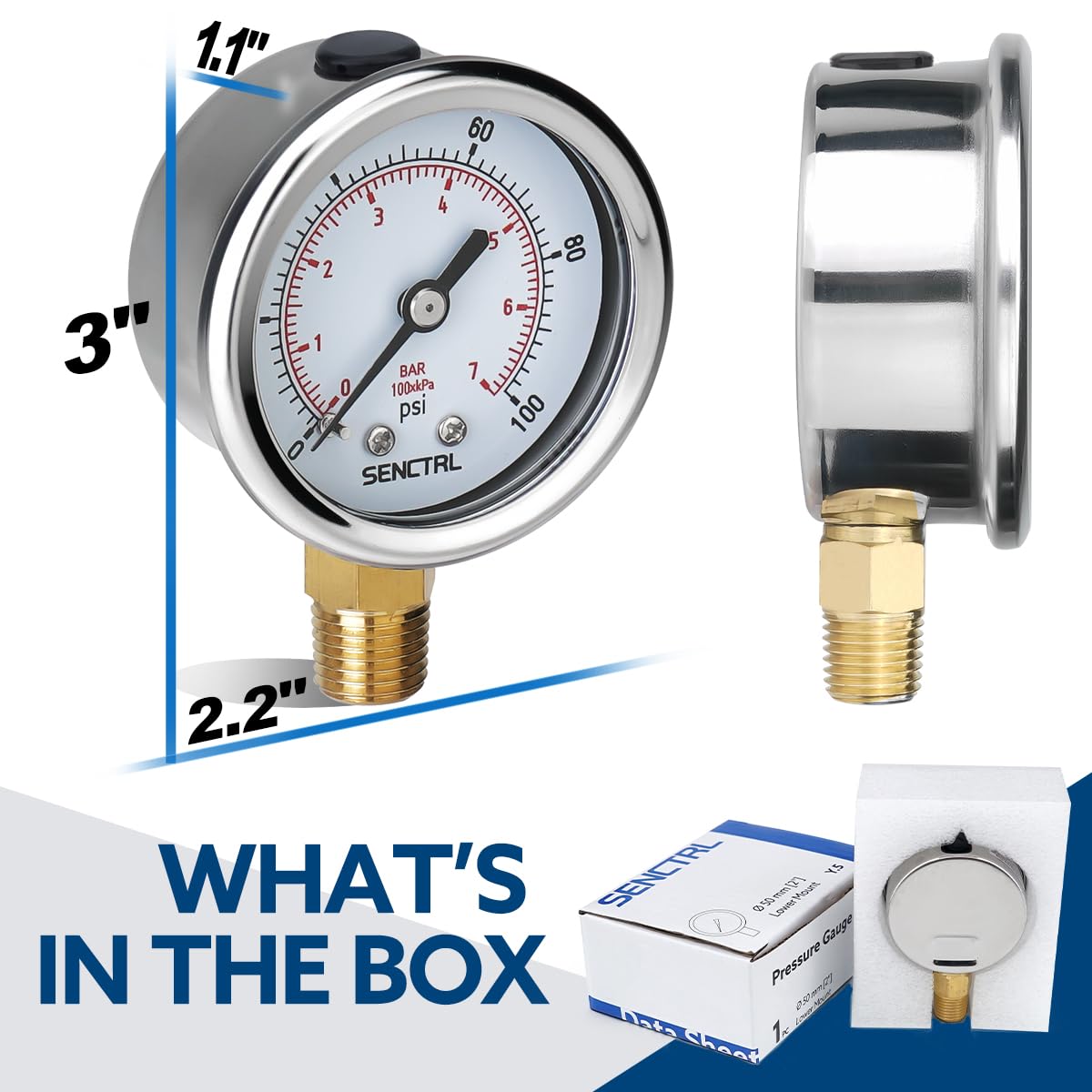 SENCTRL 30inHg Vacuum Pressure Gauge, 2" Dial, 1/8 NPT Lower Mount, Waterproof, Stainless Steel Case, for Tube Tester, HVAC, Pneumatic Air Compressor, Hand Pump, Valve Test