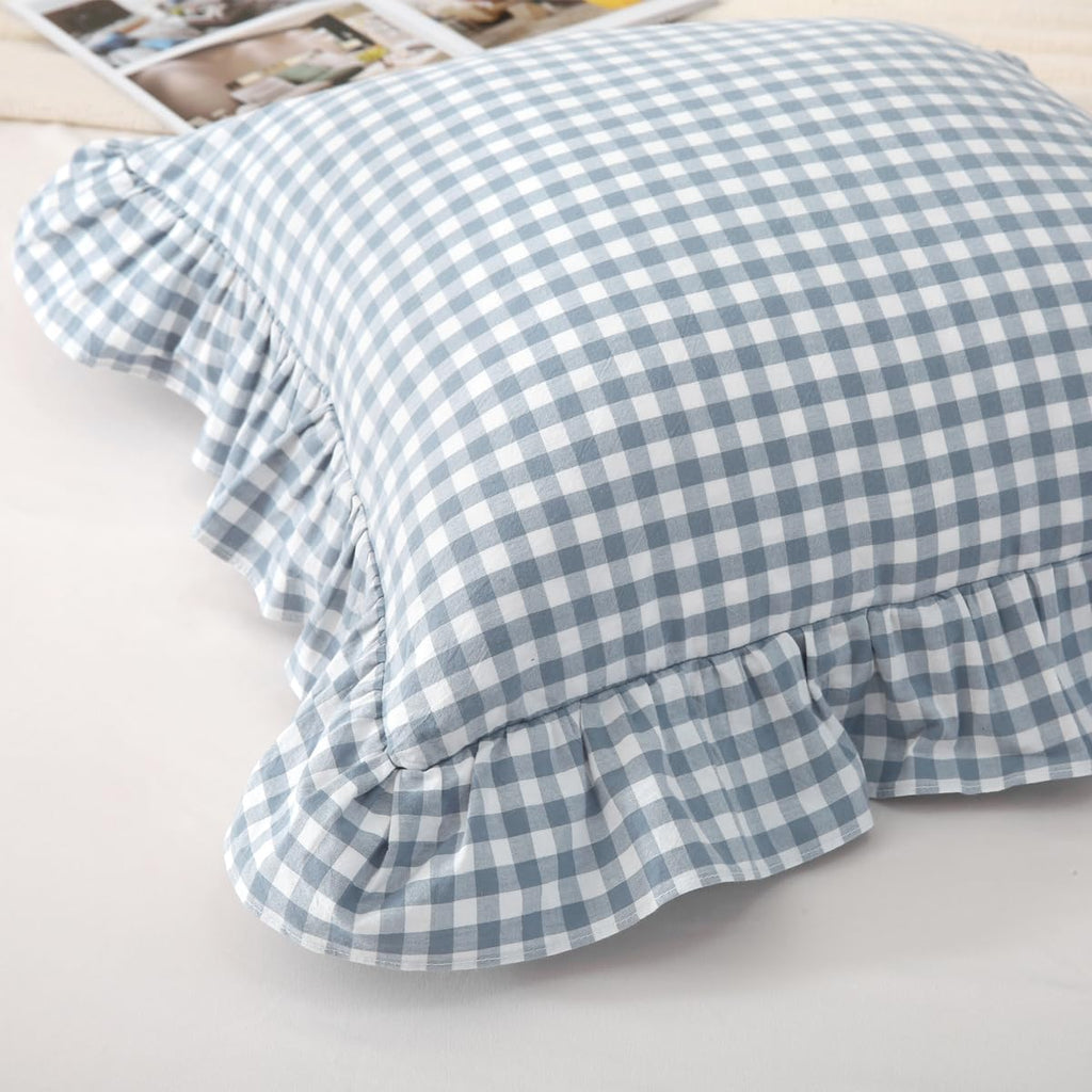 Silnuo Green/White Plaid Ruffled Queen Size Pillow Shams Set of 2,Washed Cotton Shabby Checkered Gingham Farmhouse Bed Pillow Covers 20"x30"