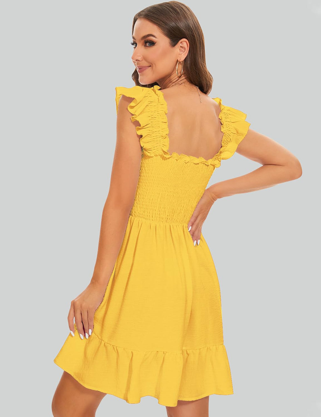 ROYLAMP Women's Smocked Dresses Square Neck Elegant Tiered Boho Ruffle Shoulder Swing Flowy Summer Casual Mini Dress