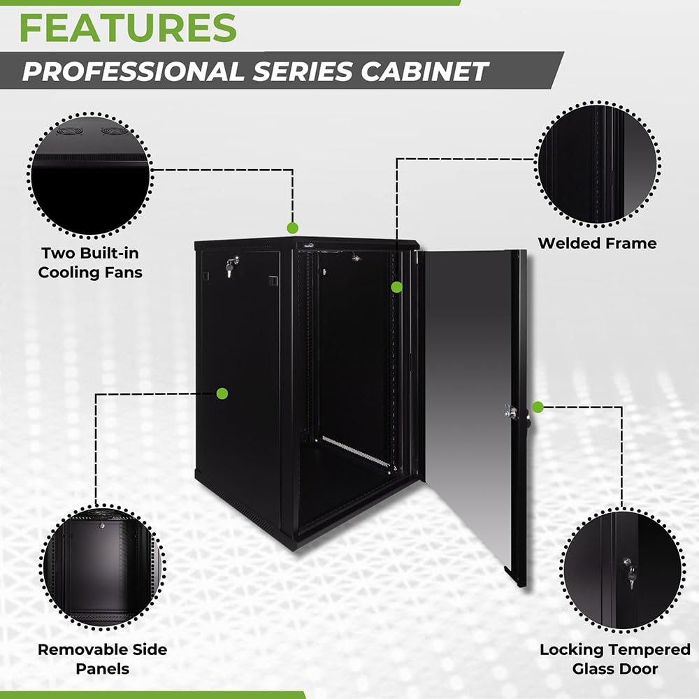 NavePoint 12U Server Rack Enclosure - 23.6” Deep, Wall Mount Network Cabinet with Locking Glass Door for 19” IT Equipment, Network Rack with 2 Fans, Removable Side Panels, Black