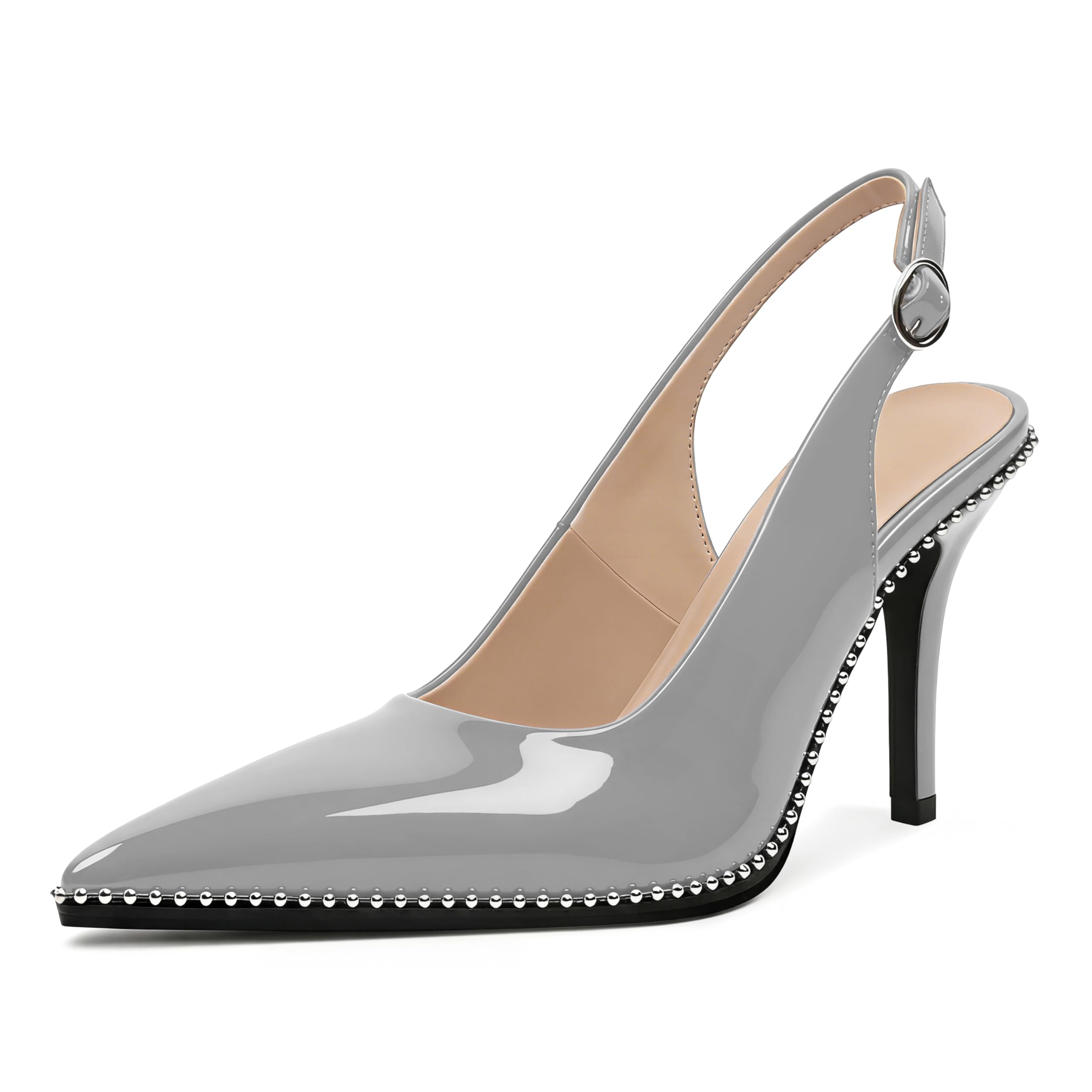 Zamikoo Women Beaded Pumps High Heel Slingback Pointed Toe Slip On 3.5 Inch Stilettos Ankle Strap Adjustable Buckle Patent Leather US Size 5 -Size 13