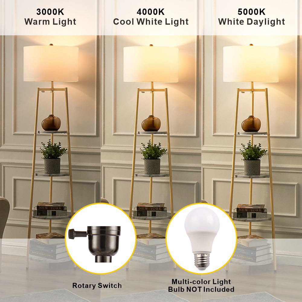 ROSEN GARDEN Floor Lamp, Standing Reading Light with Shelves and Fabric Shade, Modern Tall Pole Lamp, Accent Furniture Décor Lighting for Living Room, Bedrooms (Gold, 4-Tier)