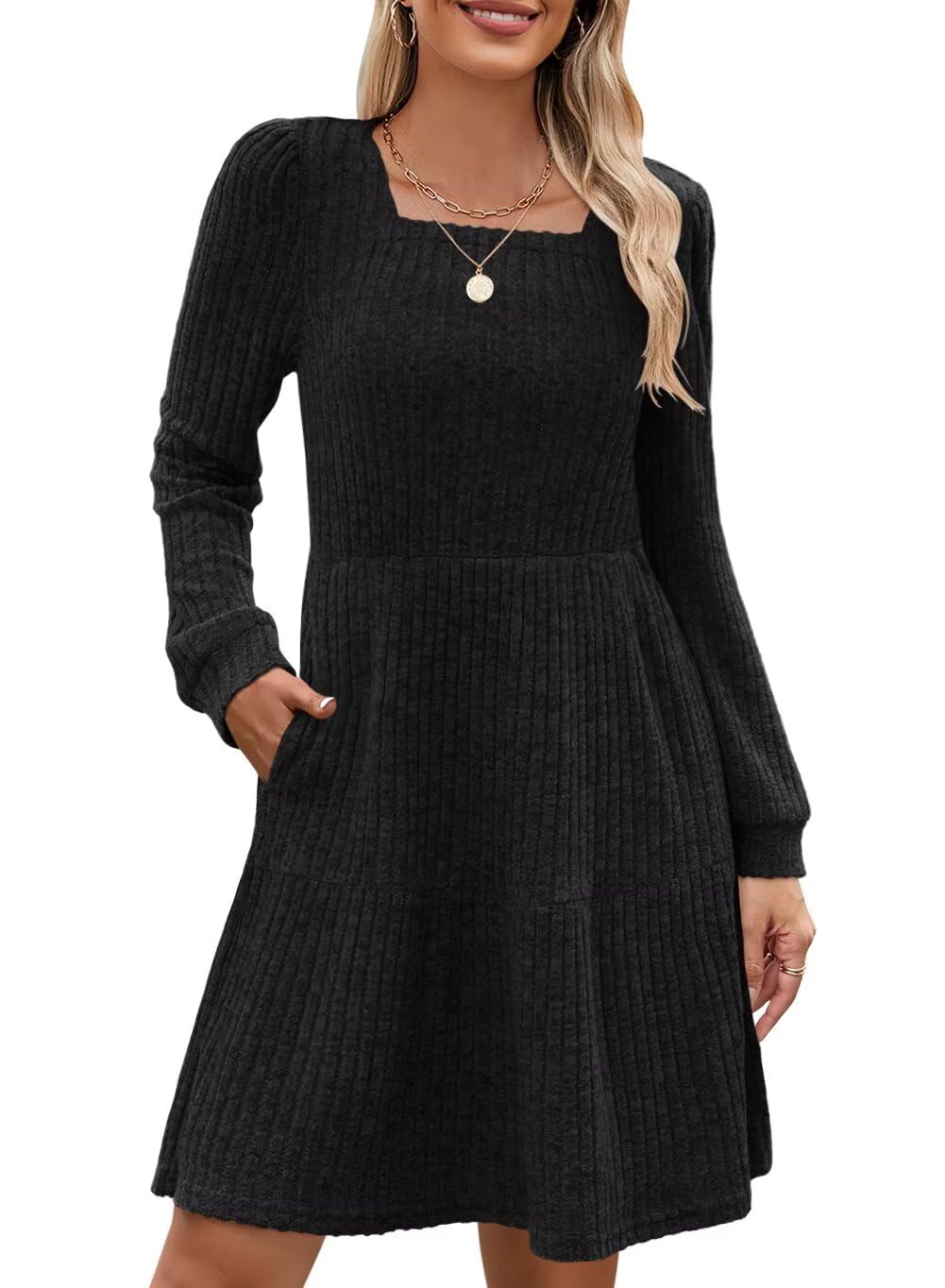QACOHU Falll Dresses for Women 2026 Crew Neck Long Lantern Sleeve Casual Loose Flowy Swing Shift Dress