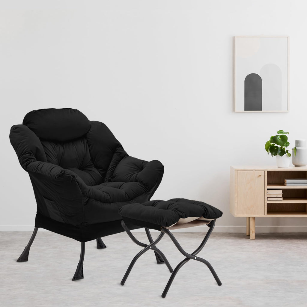 Youtanic Lazy Chair with Folding Ottoman, Accent Chair Velvet Upholstered with Metal Structure and Non-Slip Pads, Sofa Armchair with Footrest and Side Storage Bag for Dorm, Room, Office, Beige