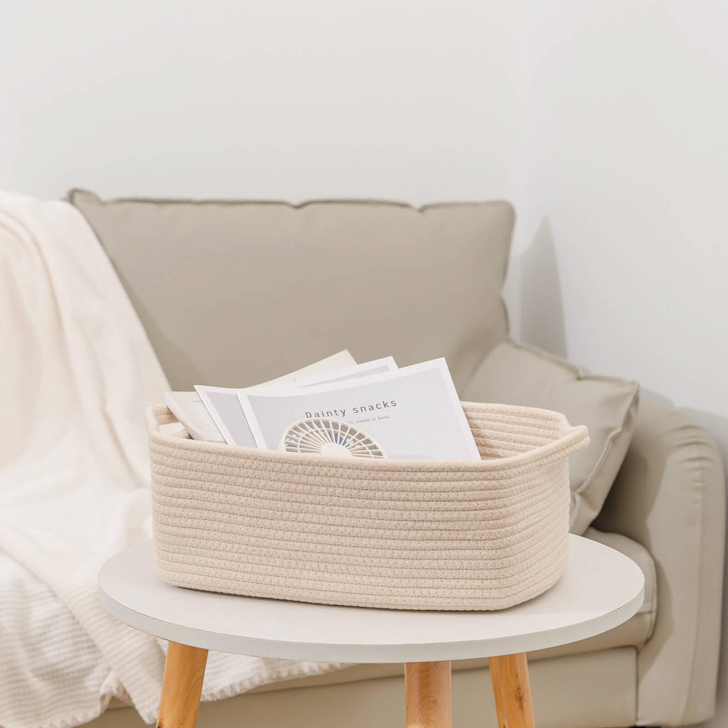 CubesLand Rectangular Cotton Rope Basket, 14x10x5 Inches, Beige, Nursery Storage Bin