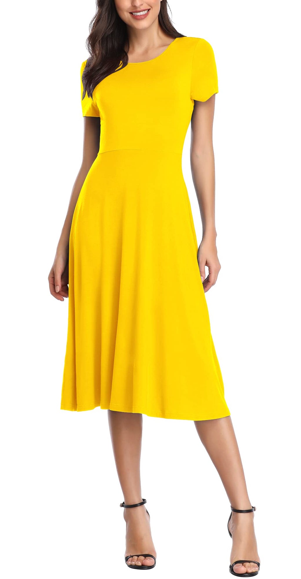 Urban CoCo Women's Vintage Short Sleeve High Waist Flared Midi Casual Summer Dress