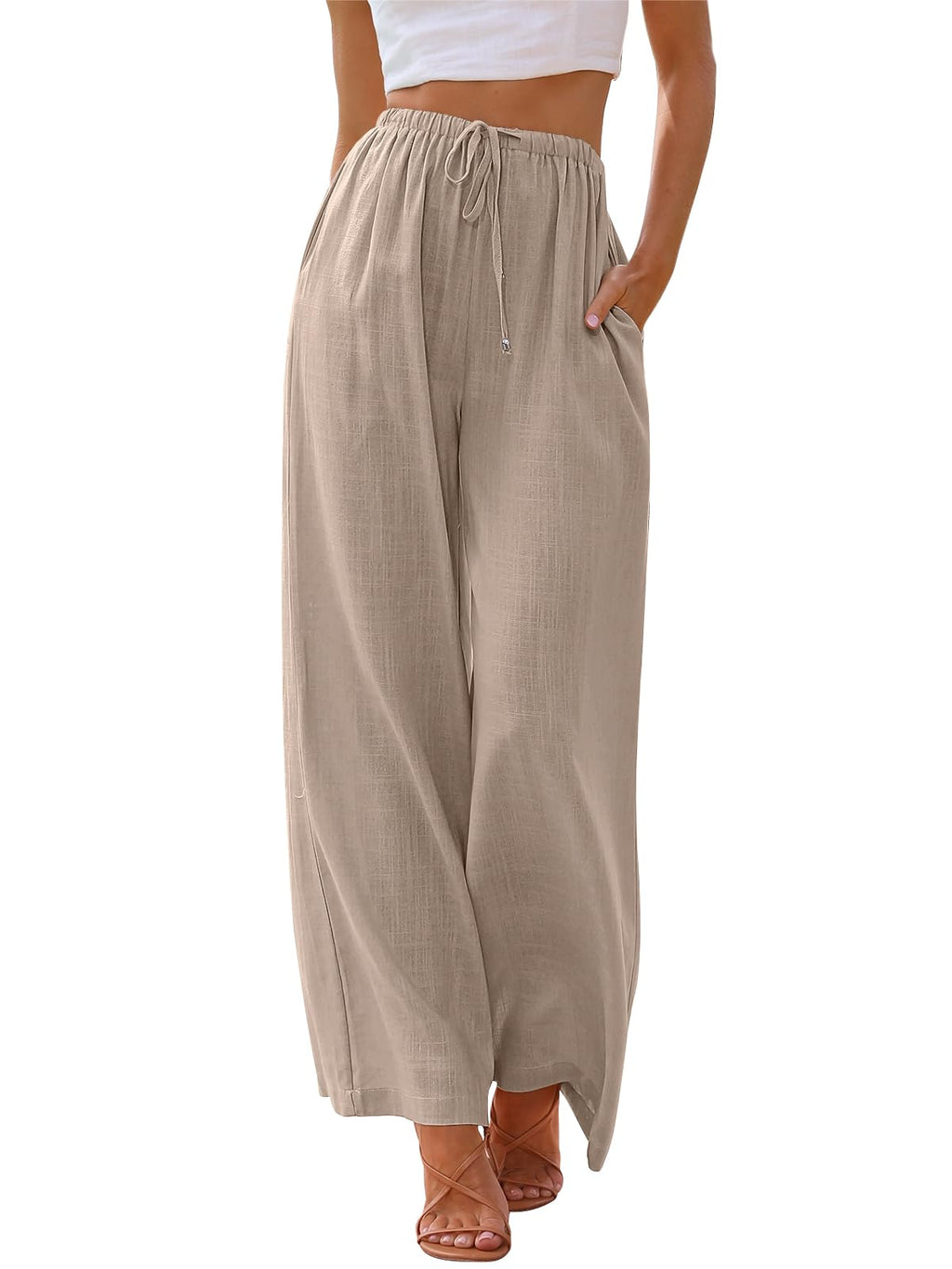LILLUSORY Women's Linen Summer Palazzo Pants Flowy Wide Leg Beach Pants with Pockets