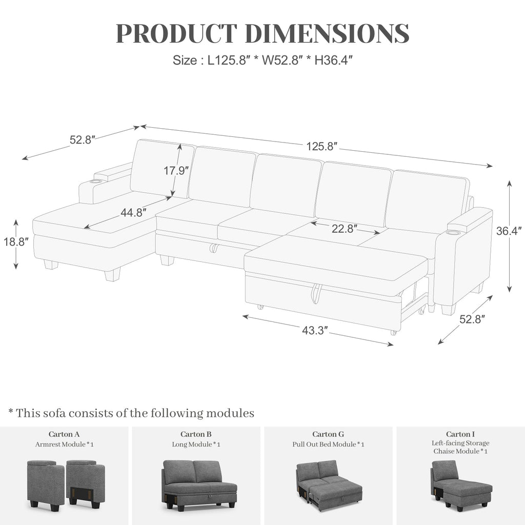 Belffin Modular Sectional Sleeper Sofa Bed with Storage Chaise L Shaped Sectional Couches for Living Room Armrest with Cup Holder. White Couch