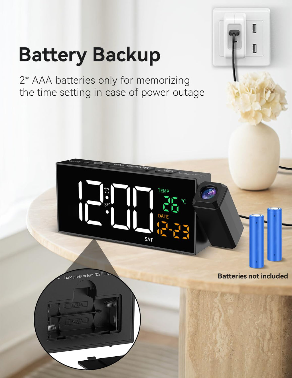 Netzu Projection Clock for Bedroom Ceiling, Alarm Clocks with 180° Rotatable Projector, Date Temperature and Weekday, Manual DST, 5 Brightness, 10 Ringtones, 4 Volumes and Snooze (Black)