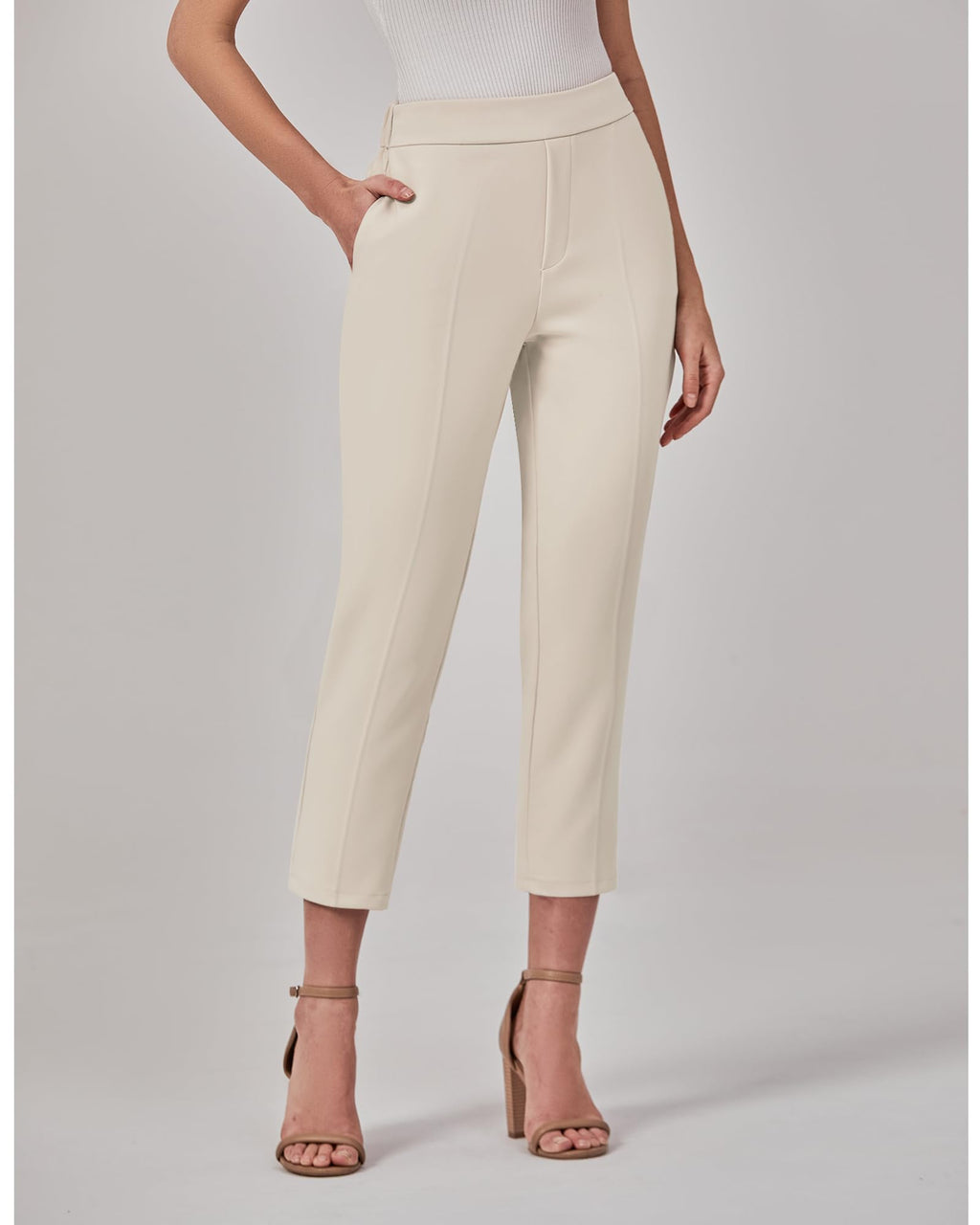 GRAPENT Capri Pants for Women High Waisted Pull On Dress Pants Slim Straight Leg Stretchy Waist Capris Trousers Pants