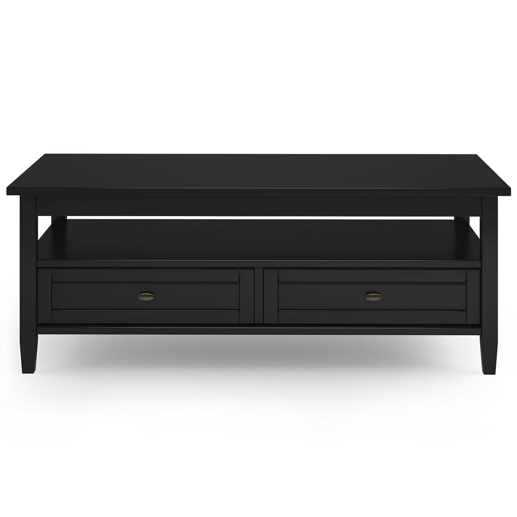 SIMPLIHOME Warm Shaker Coffee Table - 48 inch Wide Solid Wood Coffee Table in Black, Transitional Living Room Table with 2 Drawers, Open Shelf, Shaker Fronts and Tapered Legs