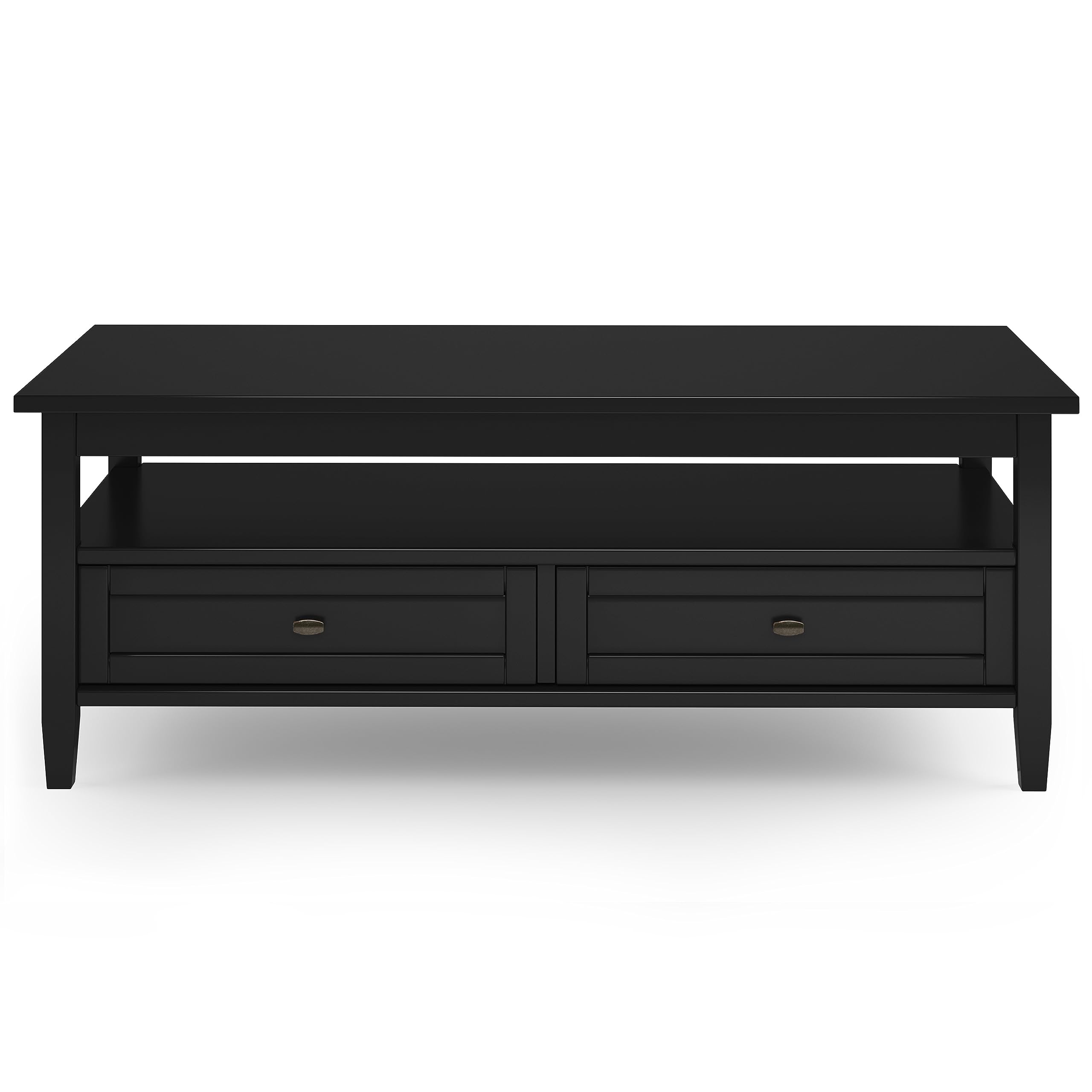 SIMPLIHOME Warm Shaker Coffee Table - 48 inch Wide Solid Wood Coffee Table in Black, Transitional Living Room Table with 2 Drawers, Open Shelf, Shaker Fronts and Tapered Legs