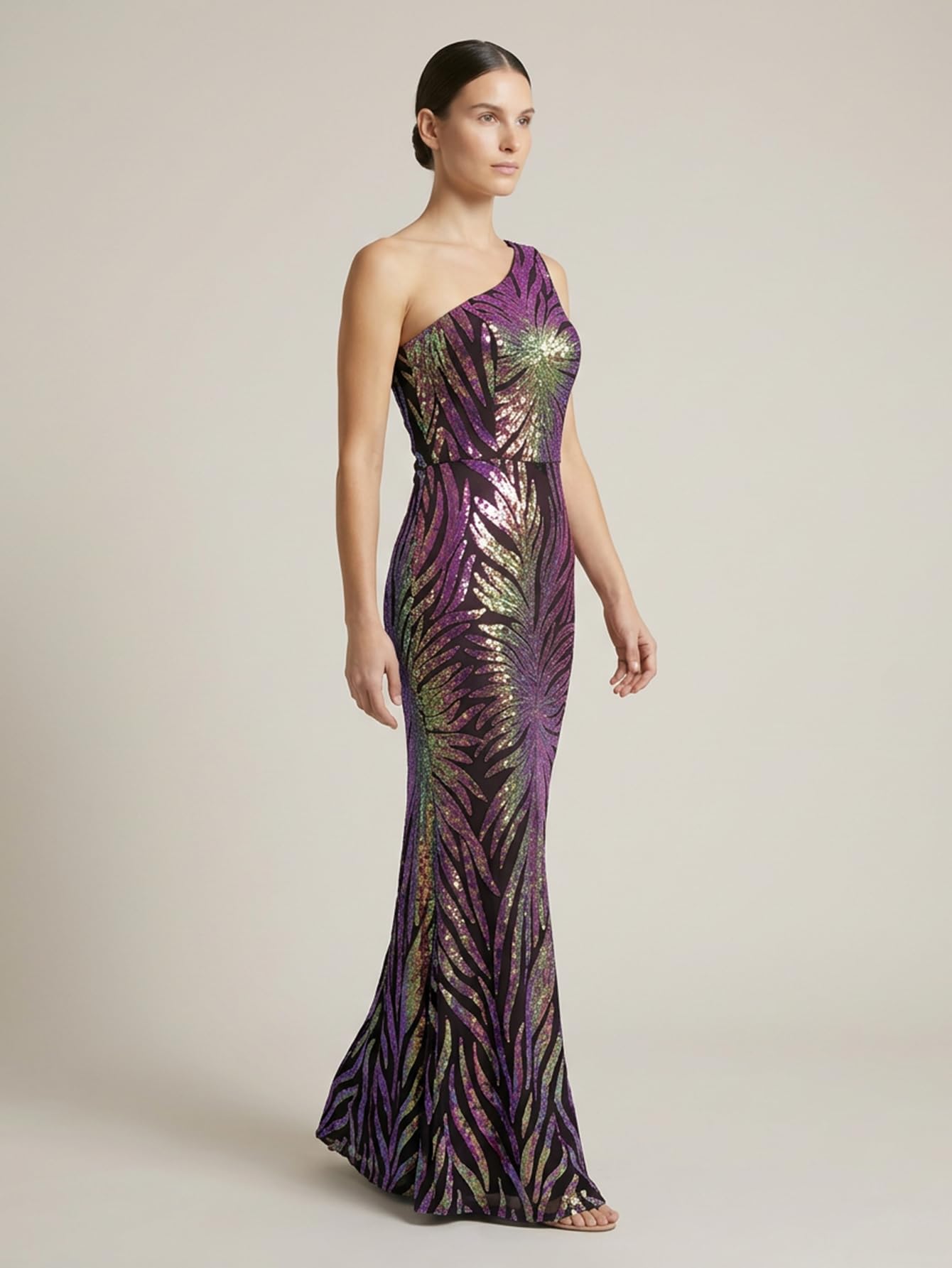 Giffniseti Women's One Shoulder Holographic Sequin Dresses Evening Gown Formal Prom Maxi Dress