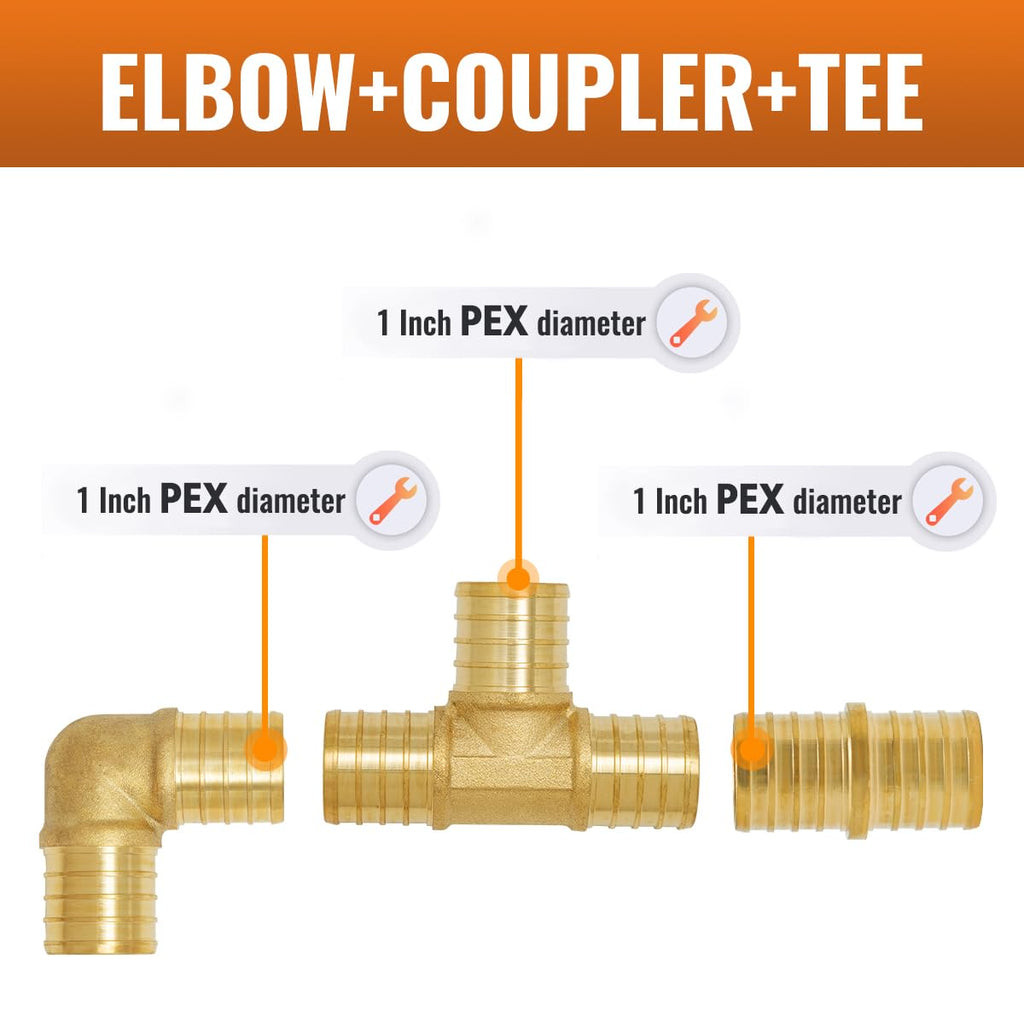 SUNGATOR 15-Pack 1/2 Inch PEX Fittings, 5 Each Elbow Tee Coupling, No Lead Brass, Pex Fittings 1/2 Inch Assortment, UPC, NSF Certified