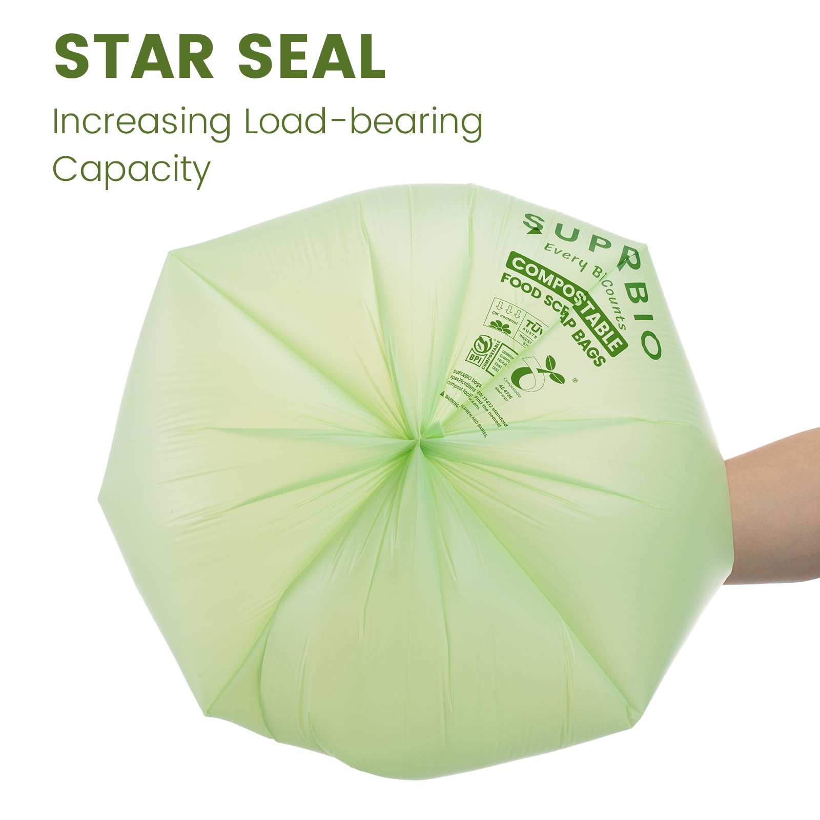 SUPERBIO 1.6 Gallon Handle Tie Compostable Food Scrap Bags, Small Compost Bags with Handles, 50 Count, 2 Pack, BPI & OK compost INDUSTRIAL