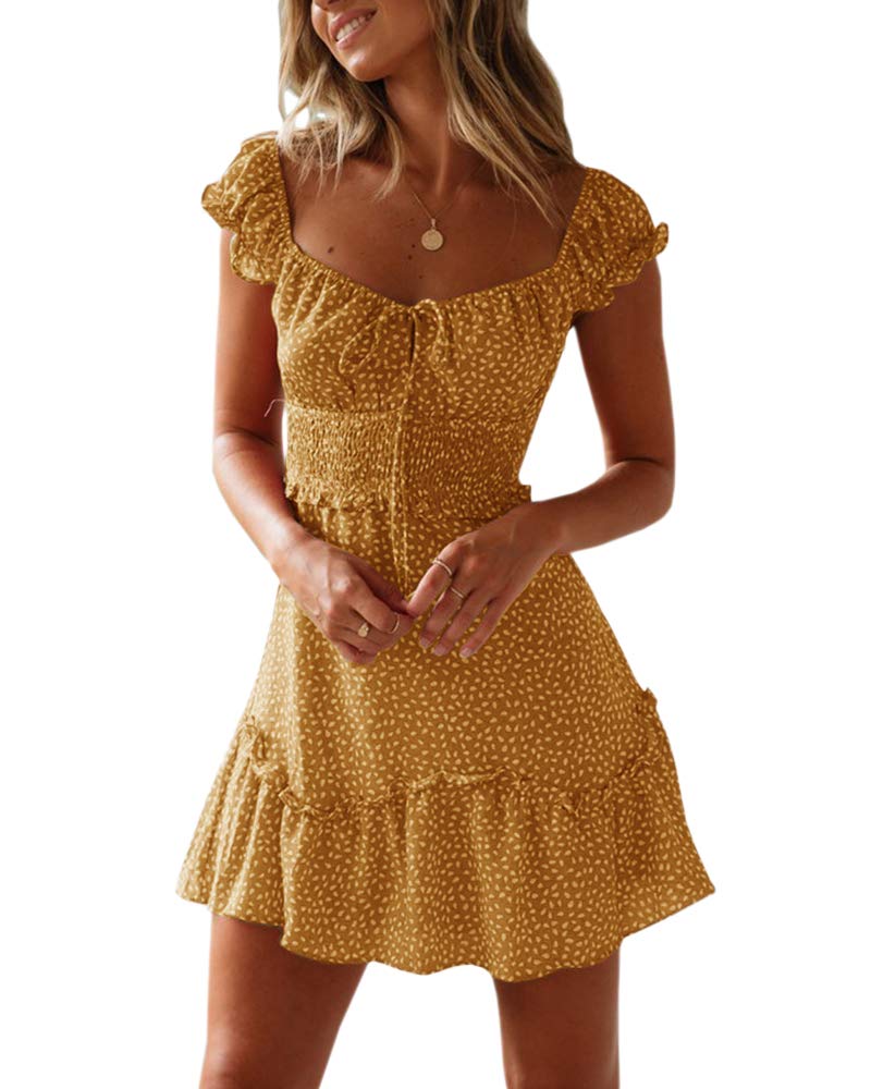 YOBECHO Womens Summer Ruffle Sleeve Sweetheart Neckline Printing Dress Mini Dresses
