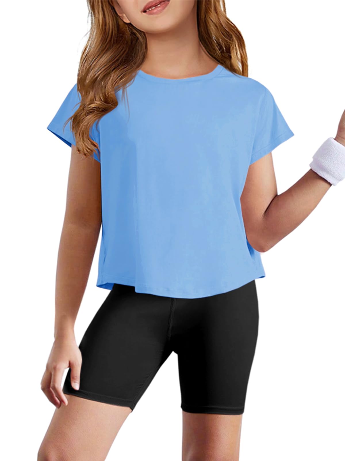 Haloumoning Girls Loose Athletic Shirts Short Sleeve Crop Tops Kids Quick Dry Gym Yoga Tees 5-14 Years
