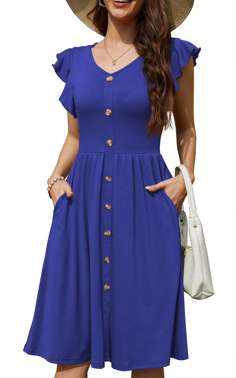 Lamilus Women's Casual Summer Dresses 2026 Ruffle Sleeves V-Neck Button Down Midi Swing Party Dress with Pockets