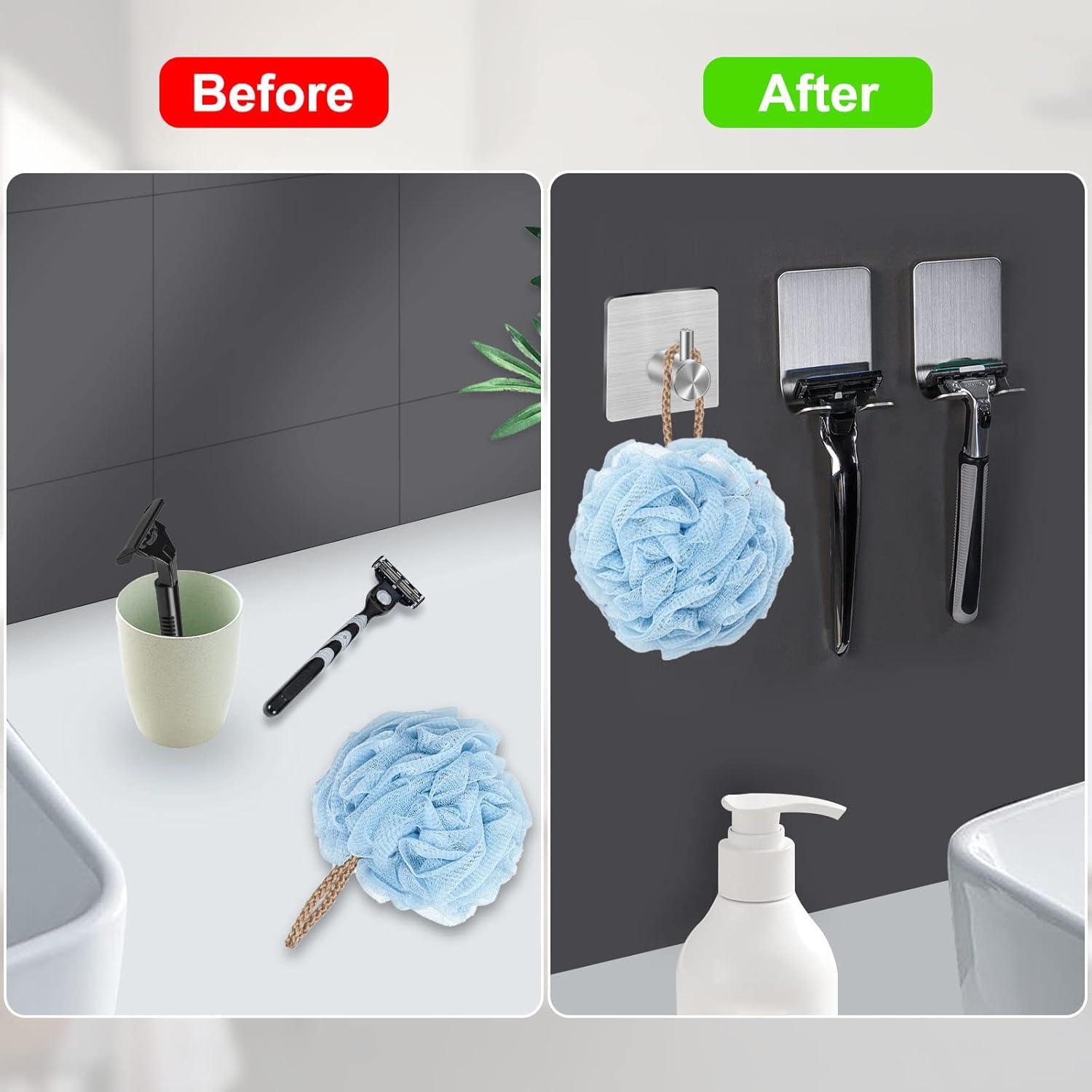 CGBE Shower Holders for Razors, 2 Pack Squeegee Holder and 2 Pack Razor Holder, Razors Holder for Shower Heavy Duty Waterproof Hook for Squeegee Loofah - Black