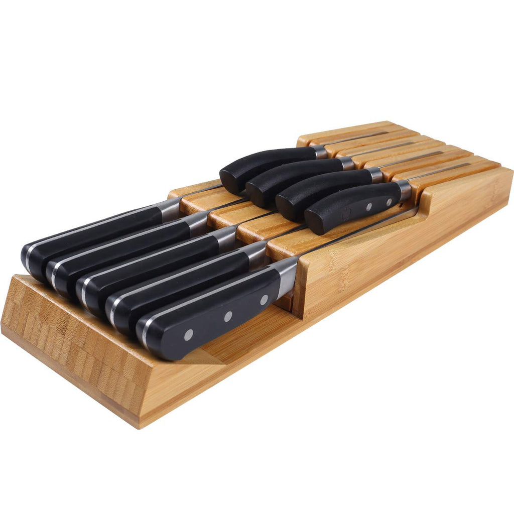 NIUXX Bamboo In-Drawer Knife Block Set for 9 Knives(Not Included), Large Kitchen Detachable Washable Cutlery Slot Organizer Storage Holder for Sharpening Steel and Cutter