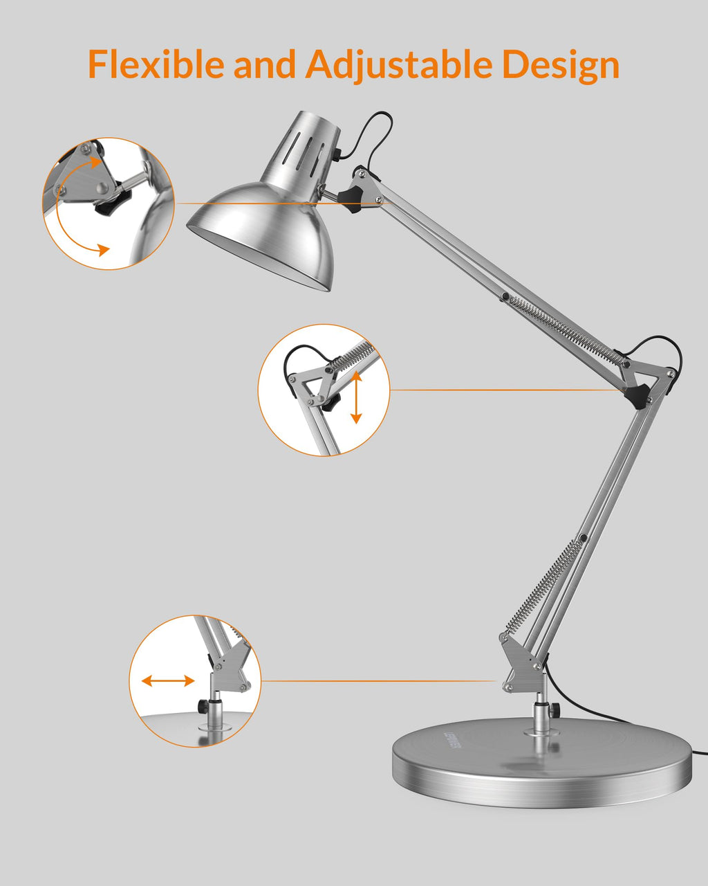 LEPOWER Metal Desk Lamp, Adjustable Goose Neck Architect Table Lamp with On/Off Switch, Swing Arm Desk Lamp with Clamp, Eye-Caring Reading Lamp for Bedroom, Study Room &Office (Sandy Black)