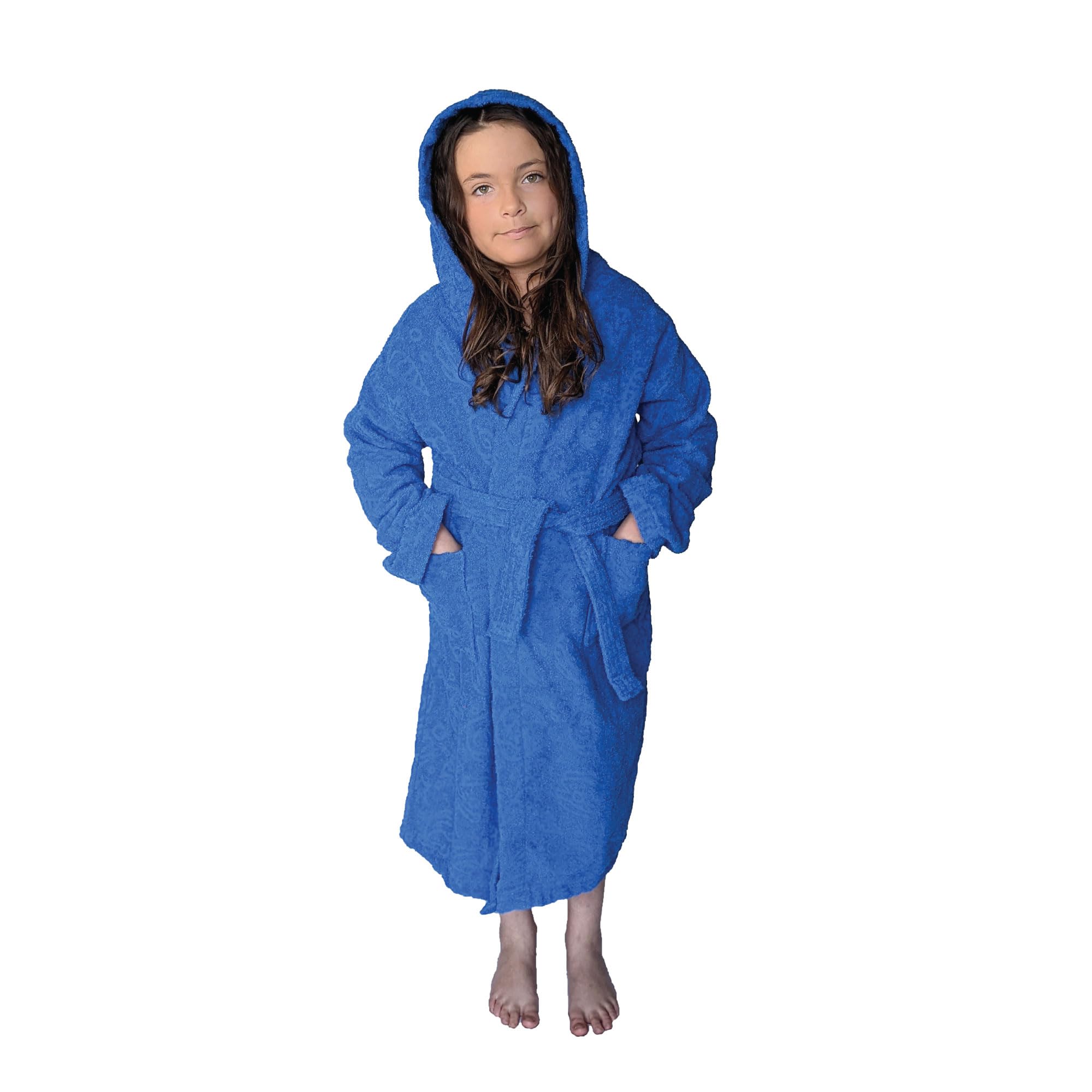 ALLEN & MATE 100% COTTON Hooded Kids Bathrobe – Soft, Medium Weight Absorbent Bath Towel Robe for Boys & Girls, 6-15 Years