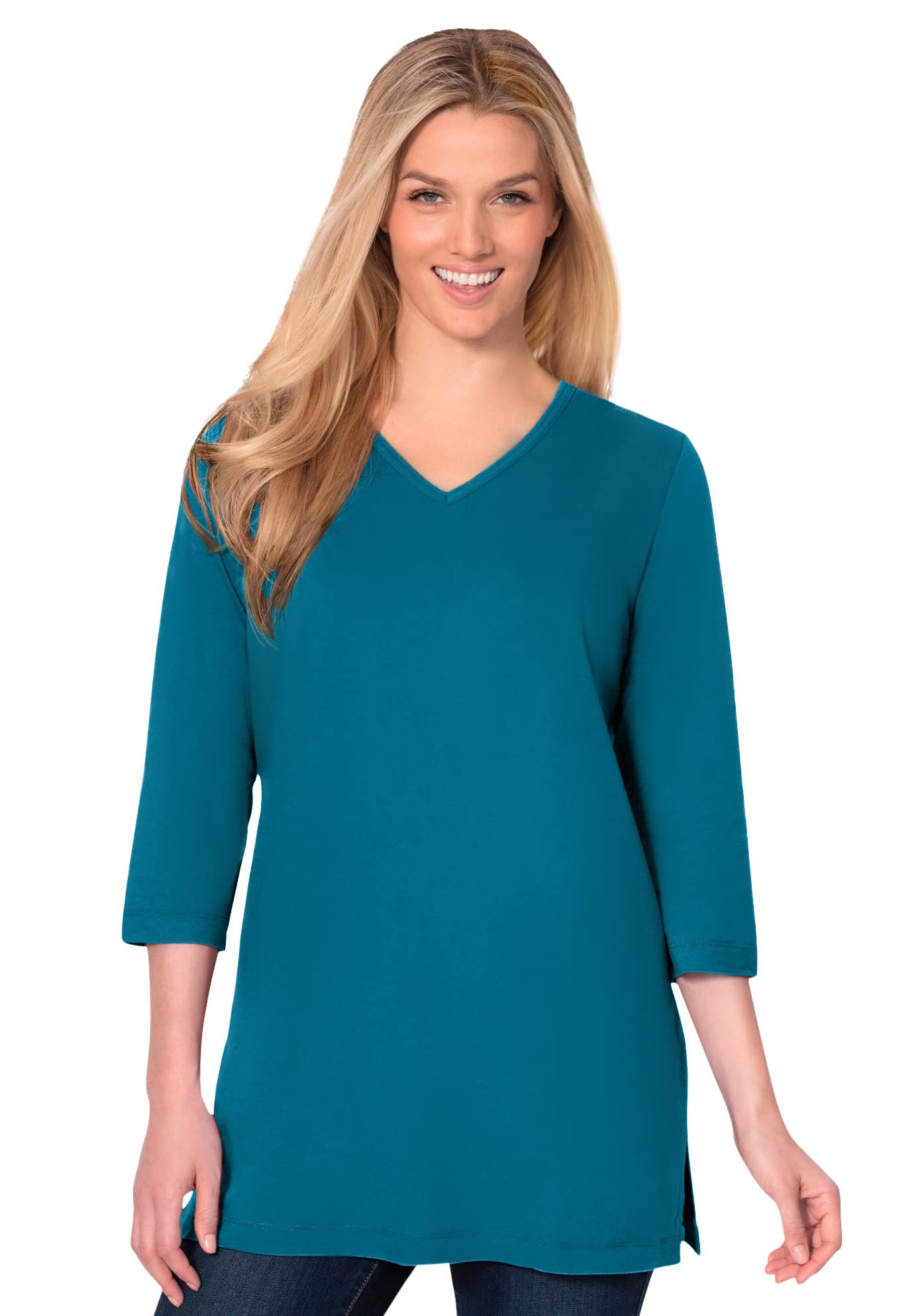 Woman Within Plus Size Perfect Three-Quarter Sleeve V-Neck Tunic