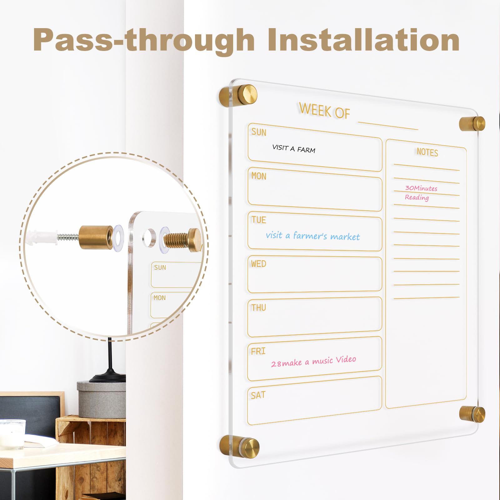 Acrylic Calendar for Wall Whiteboard, 12" x 12" Weekly Clear Dry Erase Board, Small Planning Board White Board for Wall, Home, Office, School