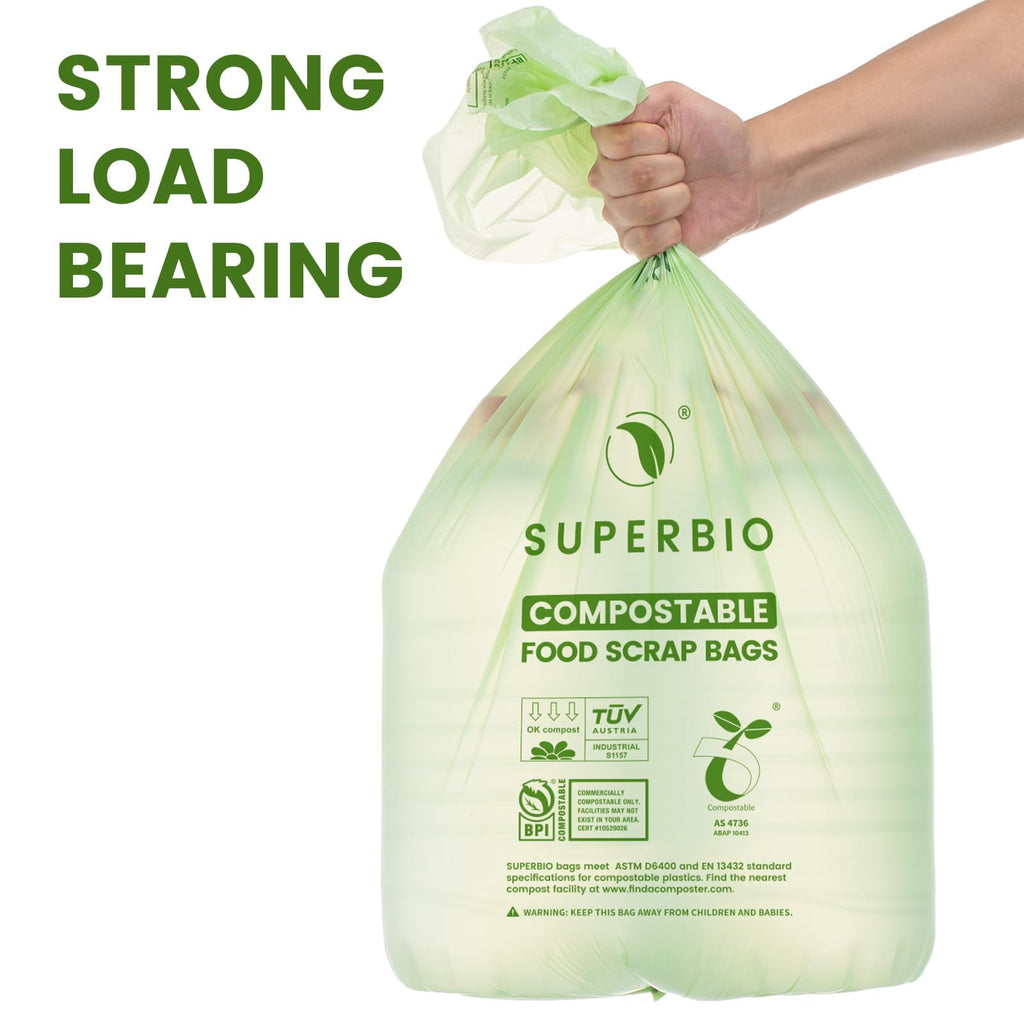 SUPERBIO 1.6 Gallon Handle Tie Compostable Food Scrap Bags, Small Compost Bags with Handles, 50 Count, 2 Pack, BPI & OK compost INDUSTRIAL