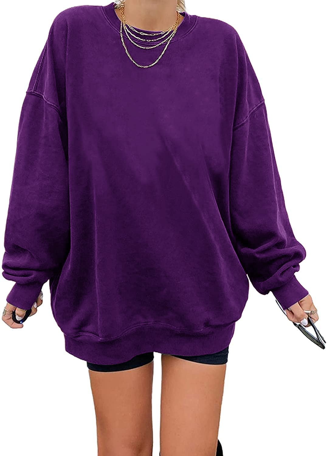 Ebifin Women's Oversized Long Sleeve Sweatshirts Pure Color Round Neck Casual Pullover Shirt