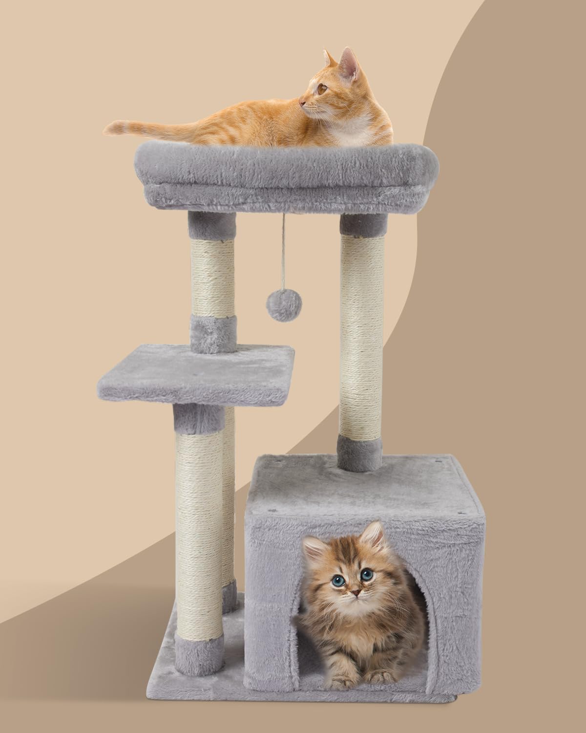 FISH&NAP Cute Cat Tree Kitten Cat Tower for Indoor Cat Condo Sisal Scratching Posts with Jump Platform Cat Furniture Activity Center Play House Beige