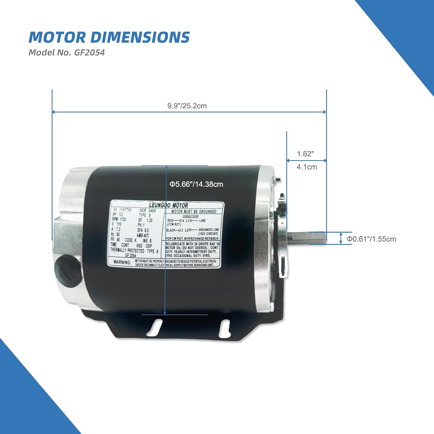 GF2054 Blower Motor 1/2 HP 115 Volt 60Hz 1725RPM 48 Frame Compatible with AO Smith, Packard 45012, Emerson 8200, GE BF-4708, Universal 811, BALDOR RSP3451A, Dayton 4UE85, Belt Drive ODP Leungoo