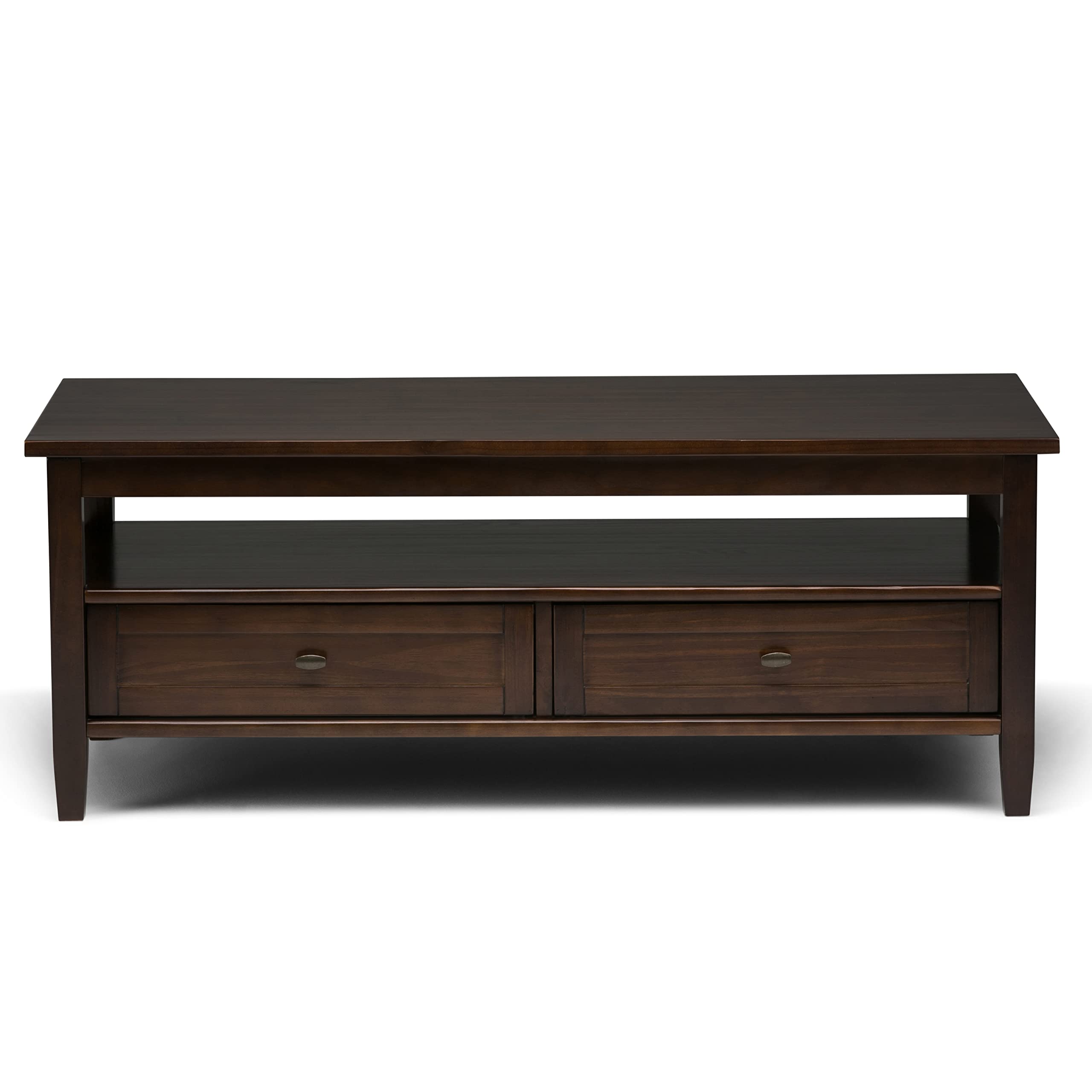 SIMPLIHOME Warm Shaker Coffee Table - 48 inch Wide Solid Wood Coffee Table in Black, Transitional Living Room Table with 2 Drawers, Open Shelf, Shaker Fronts and Tapered Legs