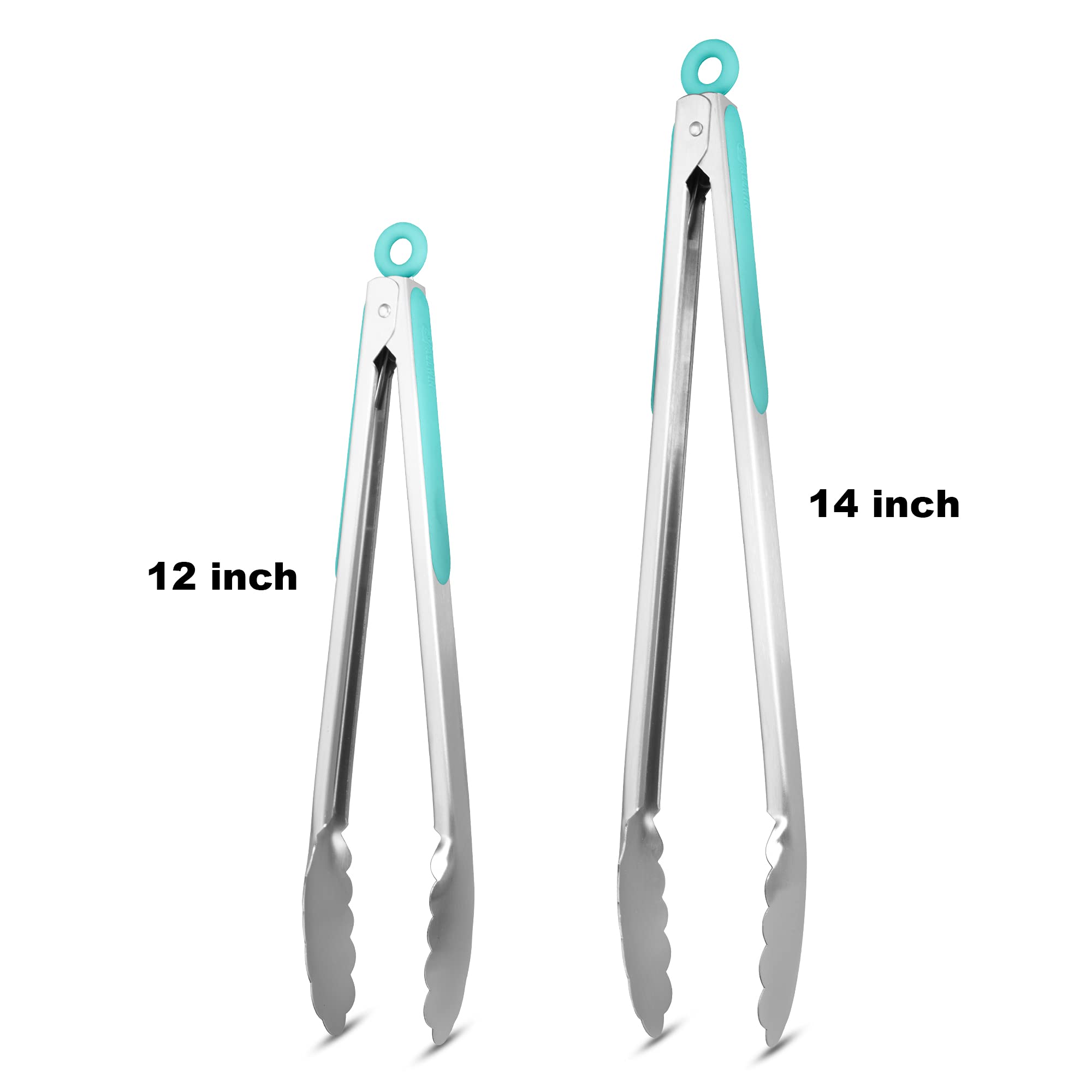304 Stainless Steel Kitchen Cooking Tongs, 9" and 12" Set of 2 Sturdy Grilling Barbeque Brushed Locking Food Tongs with Ergonomic Grip, Black