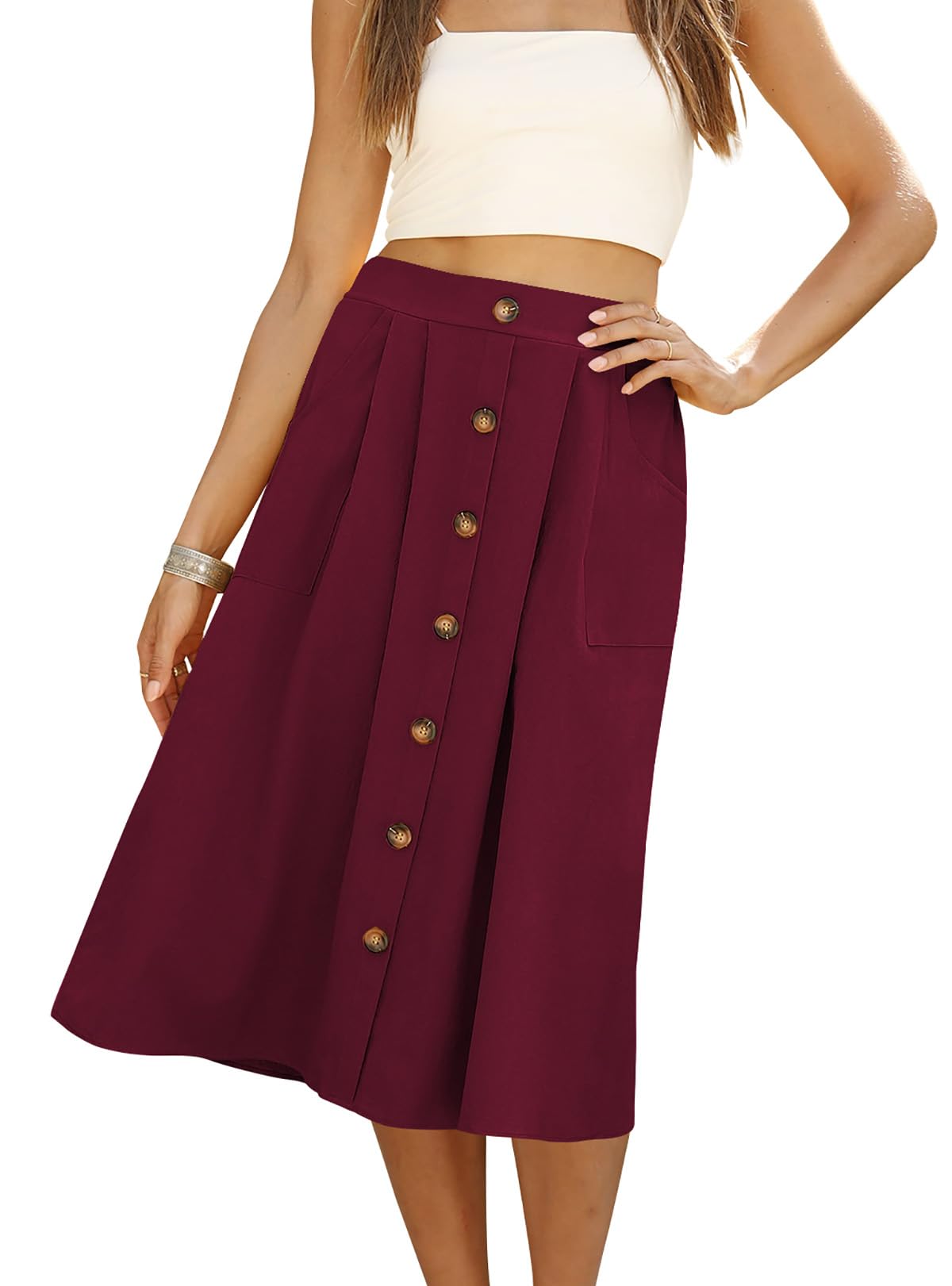 Naggoo Womens Summer Skirts Casual Front Button A-Line High Waisted Midi Skirt with Pockets