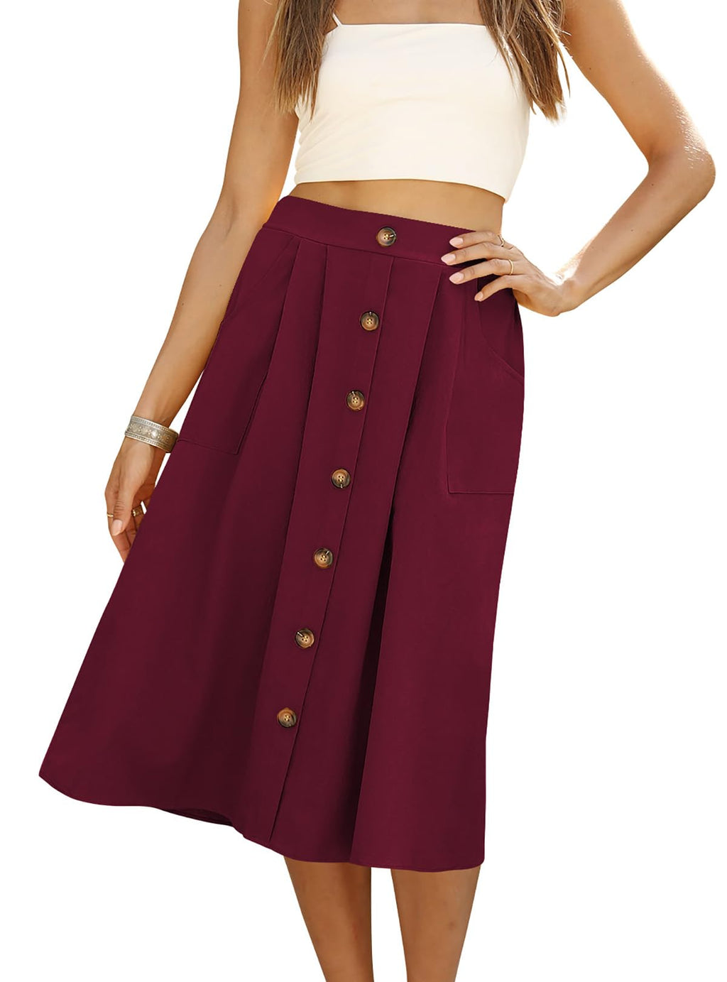 Naggoo Womens Summer Skirts Casual Front Button A-Line High Waisted Midi Skirt with Pockets