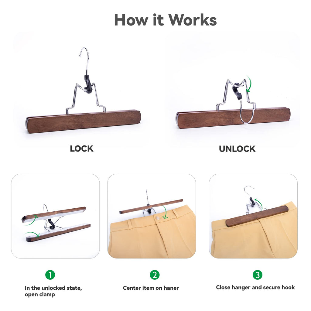 Nature Smile Wooden Pants Skirt Hangers, Smooth Finish Solid Wood Non Slip Jeans Slack Clamp Hangers Hair Extension Hangers (10 Pack Cherry)…