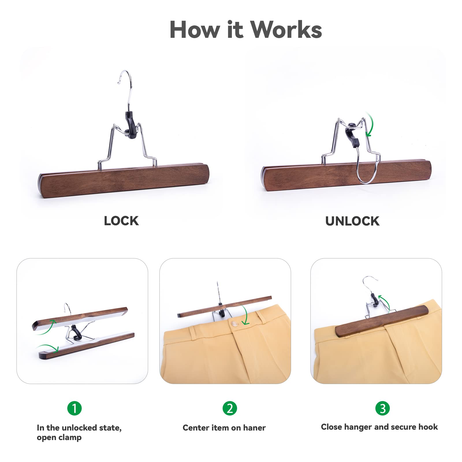 Nature Smile Wooden Pants Skirt Hangers, Smooth Finish Solid Wood Non Slip Jeans Slack Clamp Hangers Hair Extension Hangers (10 Pack Cherry)…