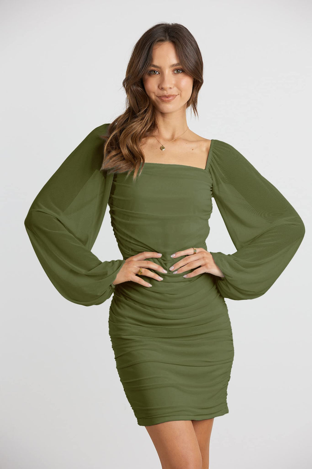 MASCOMODA Women Elegant Square Neck Lantern Long Sleeve Mini Ruched Bodycon Dress Stretch Mesh Slim Party Cocktail Dresses