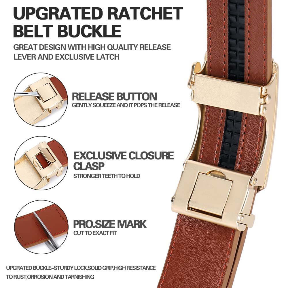 DOOPAI Men's 2 Pack Ratchet Dress Belt - Adjustable 1 3/8" Genuine Leather, Size Length Can Be Cut, With Gift Box