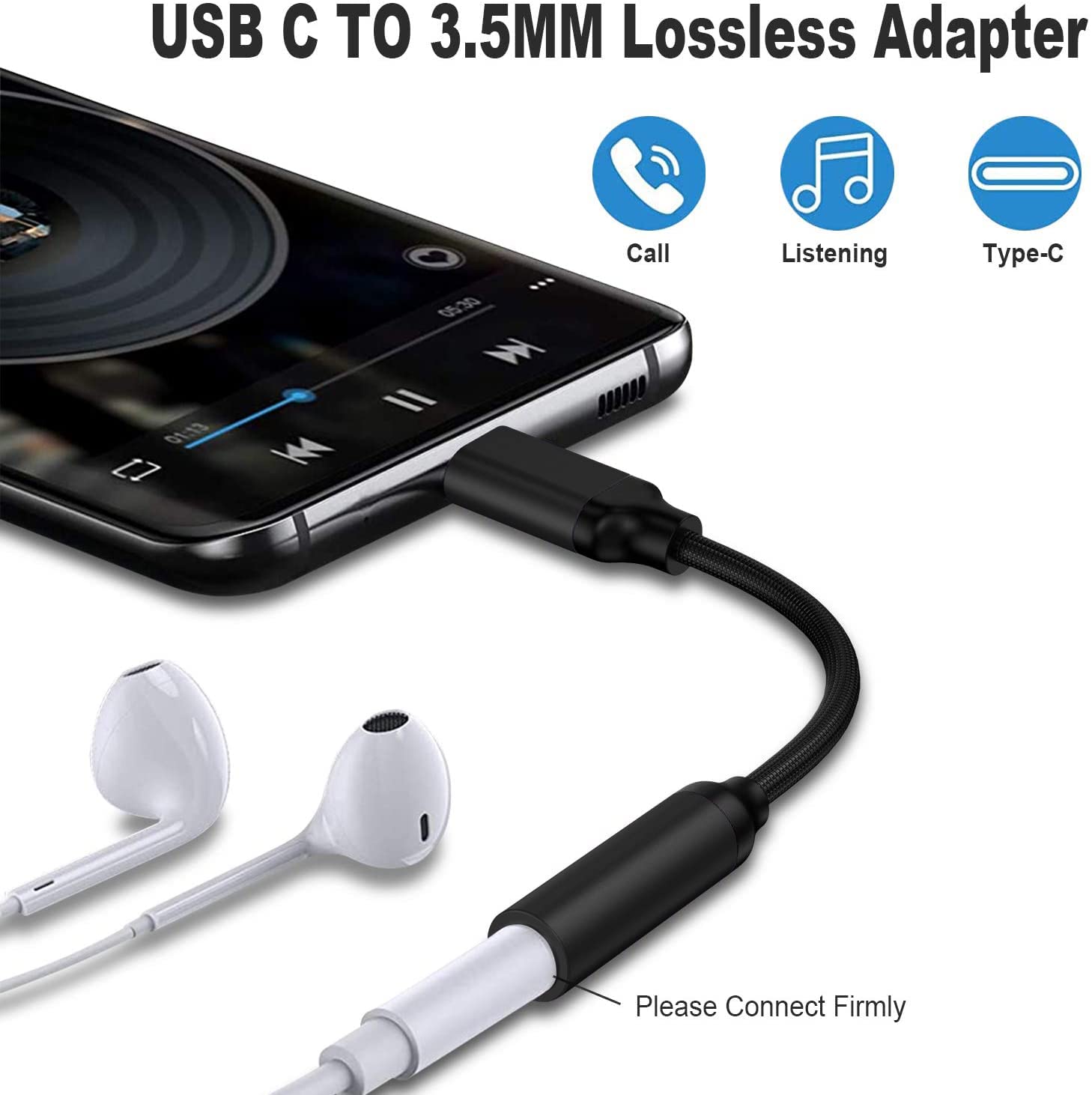Adaptador USB tipo C a conector de auriculares hembra de 3.5 mm (Negro), cable USB C a auxiliar de audio compatible con Pixel 4 3 2 XL, Samsung Galaxy S21 S20 Ultra S20+ Note 20 10 S10 S9 Plus para