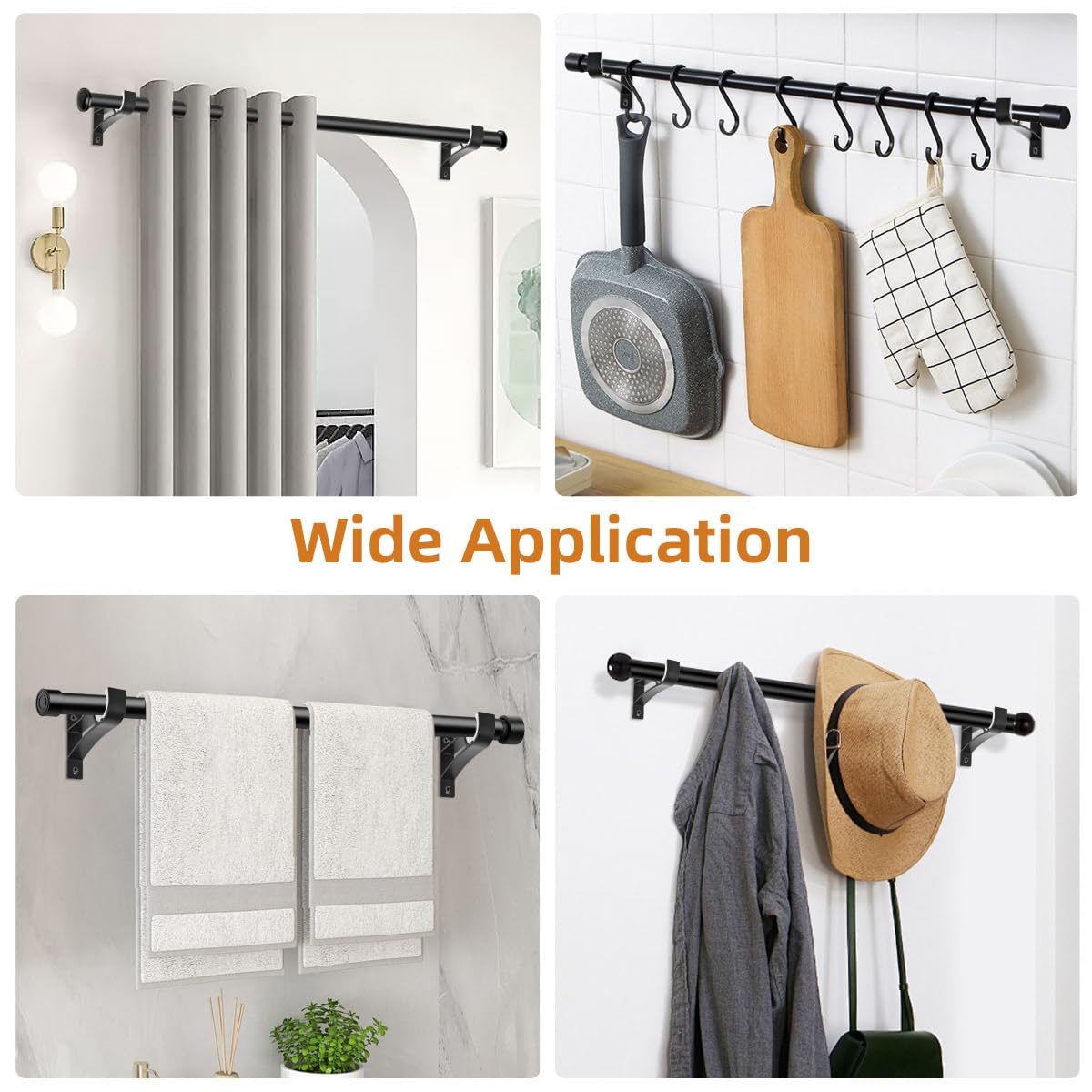 KOLAKO Curtain Rod Brackets, Heavy Duty Black Curtain Rods Holders Hook Hangers for Wall Drapery Rod Bracket Support 1 Inch Rods, 2 Pack