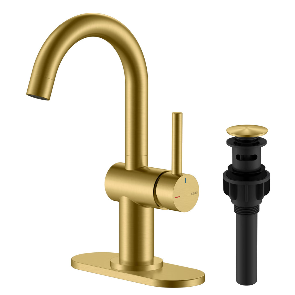 KENES Black and Gold Single Handle Bathroom Sink Faucet, Modern Prep Wet Bar Sink Faucet with Drain Assembly & Deck Plate, Vanity Faucets for Farmhouse RV Camper Utility, KE-9005B-BG