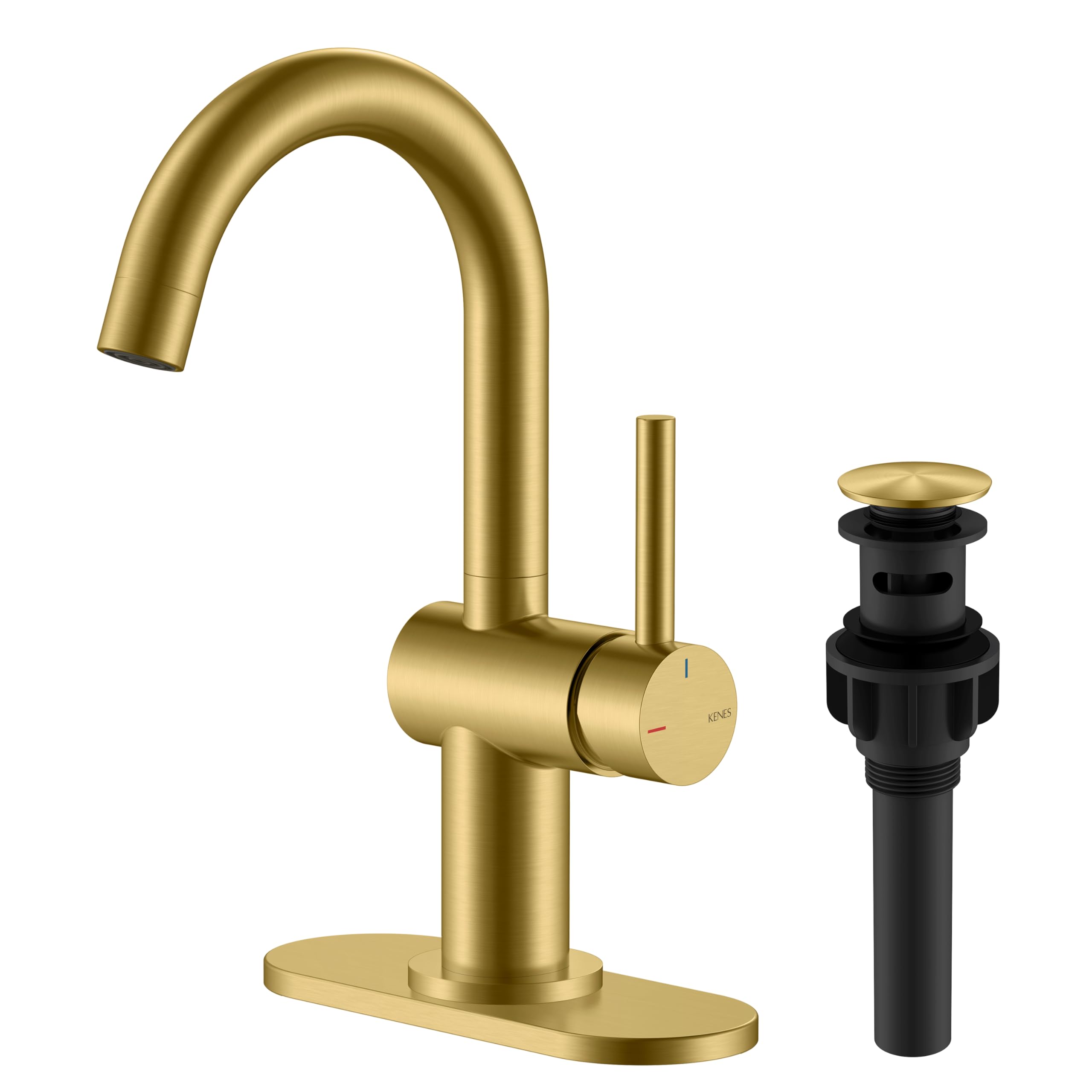 KENES Black and Gold Single Handle Bathroom Sink Faucet, Modern Prep Wet Bar Sink Faucet with Drain Assembly & Deck Plate, Vanity Faucets for Farmhouse RV Camper Utility, KE-9005B-BG