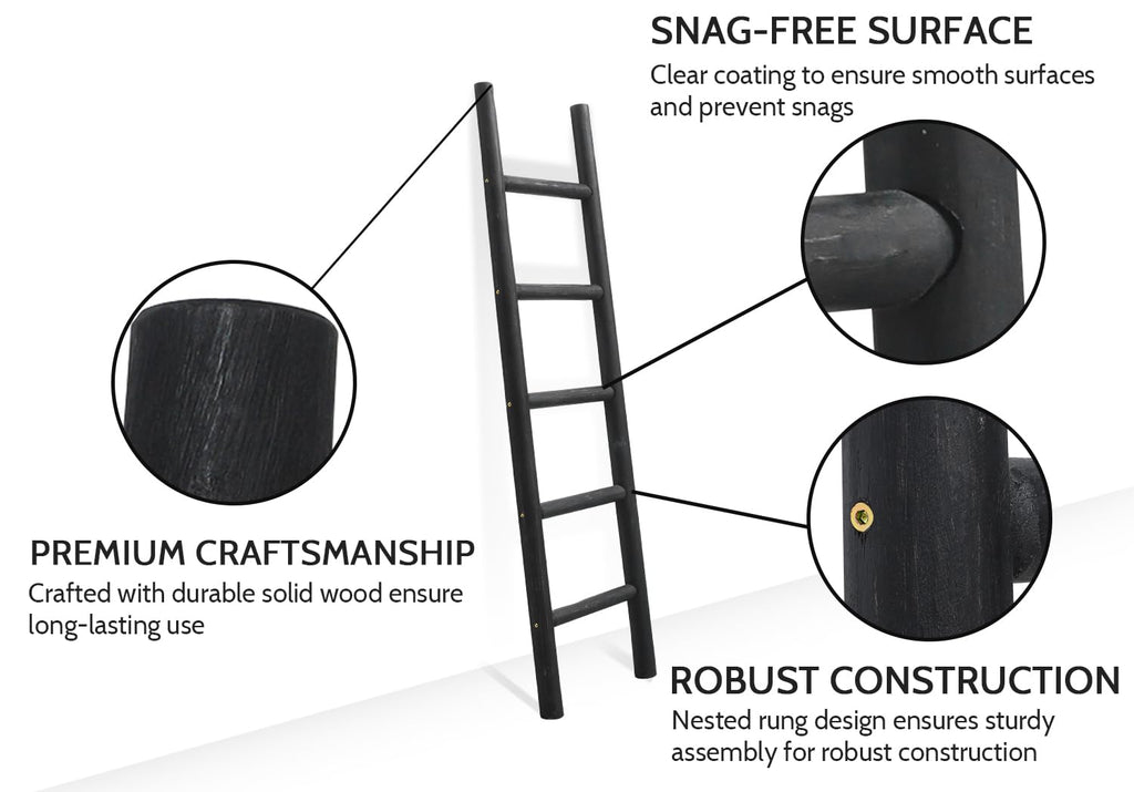 FUIN 57in Wood Blanket Ladder Living Room Decorative Wall Leaning Farmhouse Quilt Display Holder Rustic Wooden Towel Rack for Bathroom, Black