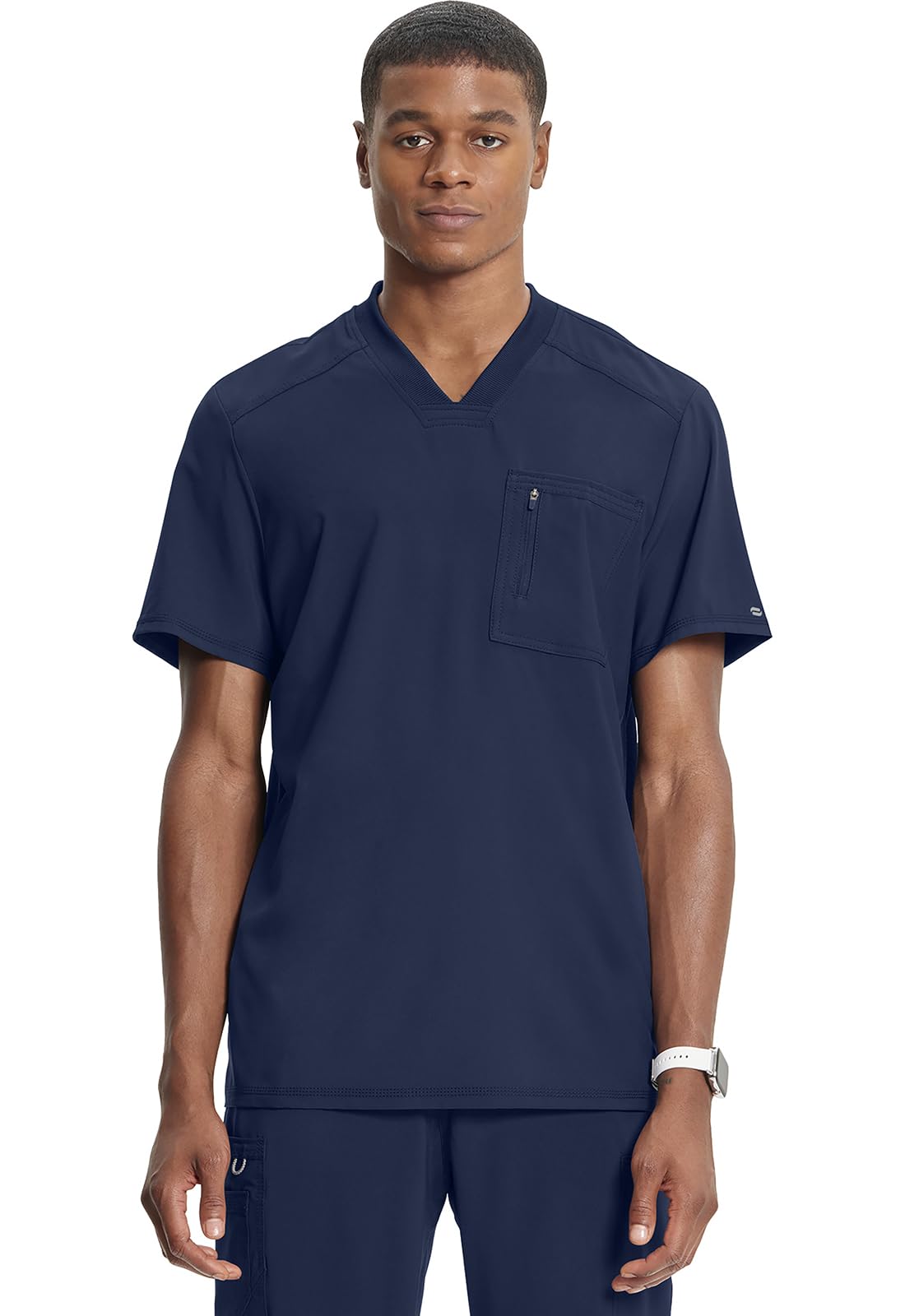 Cherokee Infinity Mens Tuckable V-Neck Scrub Top Modern Fit, 2 Pockets, Zip Chest Pocket, Rib-Knit, 360° Stretch – CK910A
