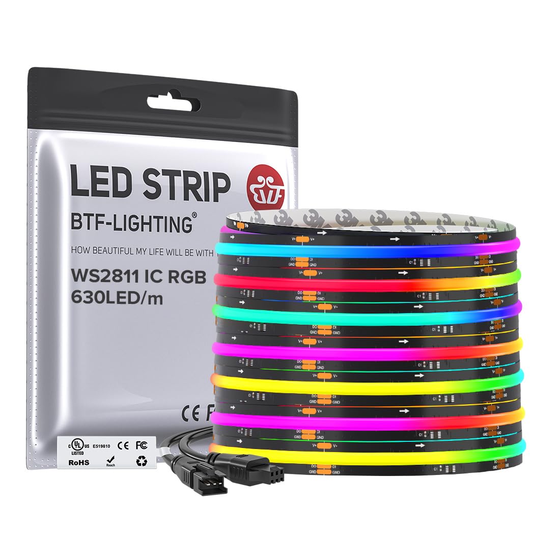 BTF-LIGHTING WS2811 Smart IC RGB FCOB COB LED Strip, UL Listed 630LEDs/m High Density Color Chasing Uniform Light, DC12V 12FT 10mm Width Tape Light for Home Party DIY Decor(No Adapter or Controller)