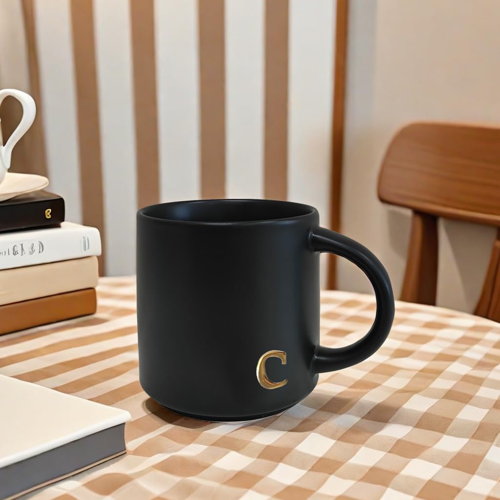 COLLECTIVE HOME - Black Monogram Ceramic Mugs, 15 oz Golden Initial Coffee Cups, Elegant Alphabet Tea Mugs, Personalized Halloween Mug with Gift Box, Perfect for Office and Home Décor (a)