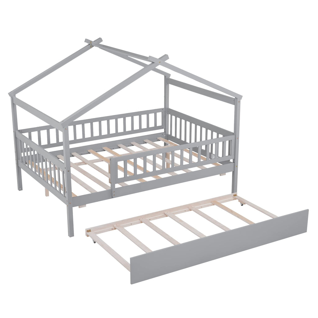 Merax Twin Size Wooden House Bed with Two Drawers, Wood Bed Frame with Roof for Kids, Teens, Boys or Girls, Grey